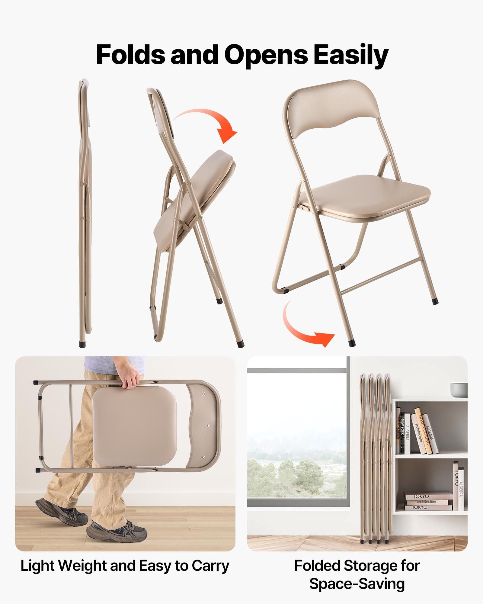 4 Pack Folding Chairs, Foldable Leather Chairs with Heavy Duty Metal Frame & Padded Cushion, Portable Folding Card Table Chairs, Stackable Seats for Home, Yard, Garden, Parties, Events, Khaki