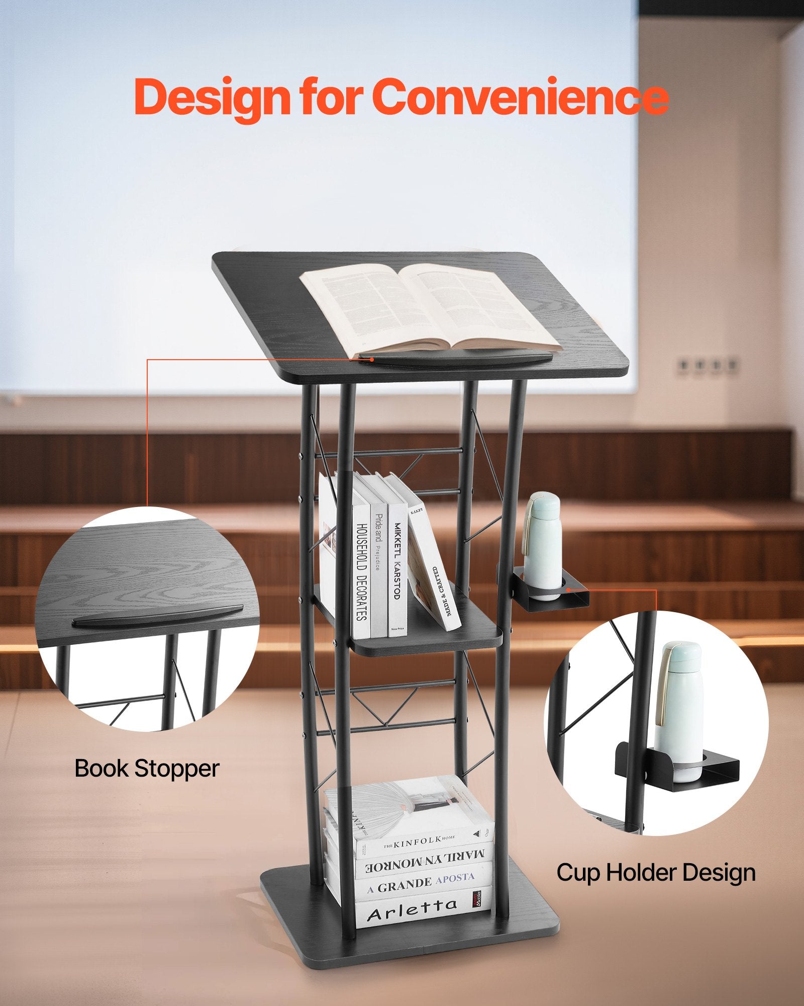 VEVOR Podium Stand, 1180 mm Metal Lectern, Curved Standing Podium with Wide Reading Surface, Open Storage Compartment, Book Stopper, Cup Holder, for Classroom, Wedding, Conference, Speech, Concert