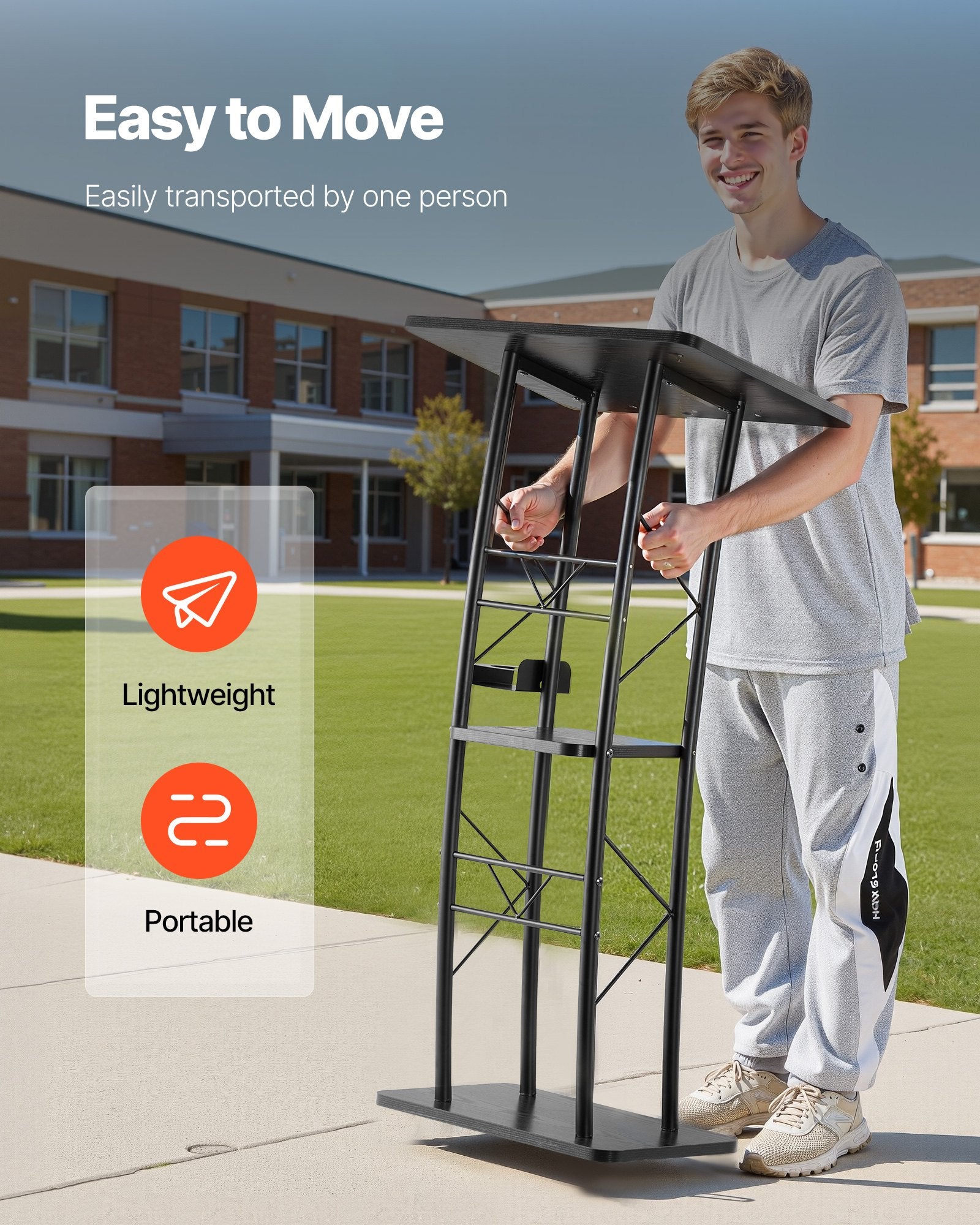 VEVOR Podium Stand, 1180 mm Metal Lectern, Curved Standing Podium with Wide Reading Surface, Open Storage Compartment, Book Stopper, Cup Holder, for Classroom, Wedding, Conference, Speech, Concert