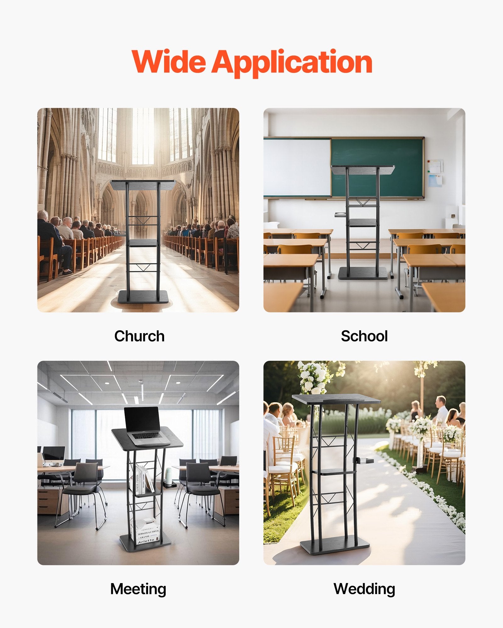 VEVOR Podium Stand, 1180 mm Metal Lectern, Curved Standing Podium with Wide Reading Surface, Open Storage Compartment, Book Stopper, Cup Holder, for Classroom, Wedding, Conference, Speech, Concert