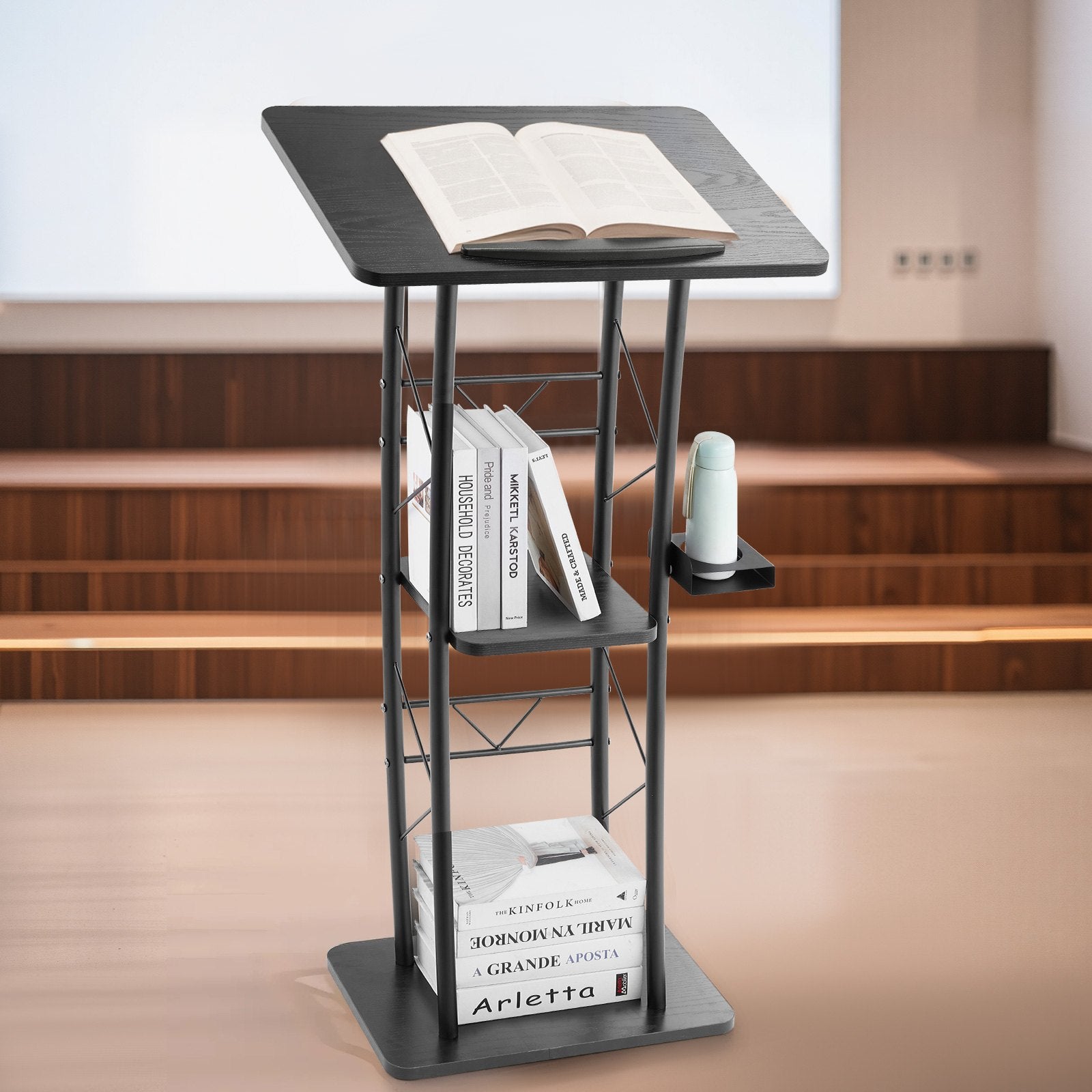 VEVOR Podium Stand, 1180 mm Metal Lectern, Curved Standing Podium with Wide Reading Surface, Open Storage Compartment, Book Stopper, Cup Holder, for Classroom, Wedding, Conference, Speech, Concert