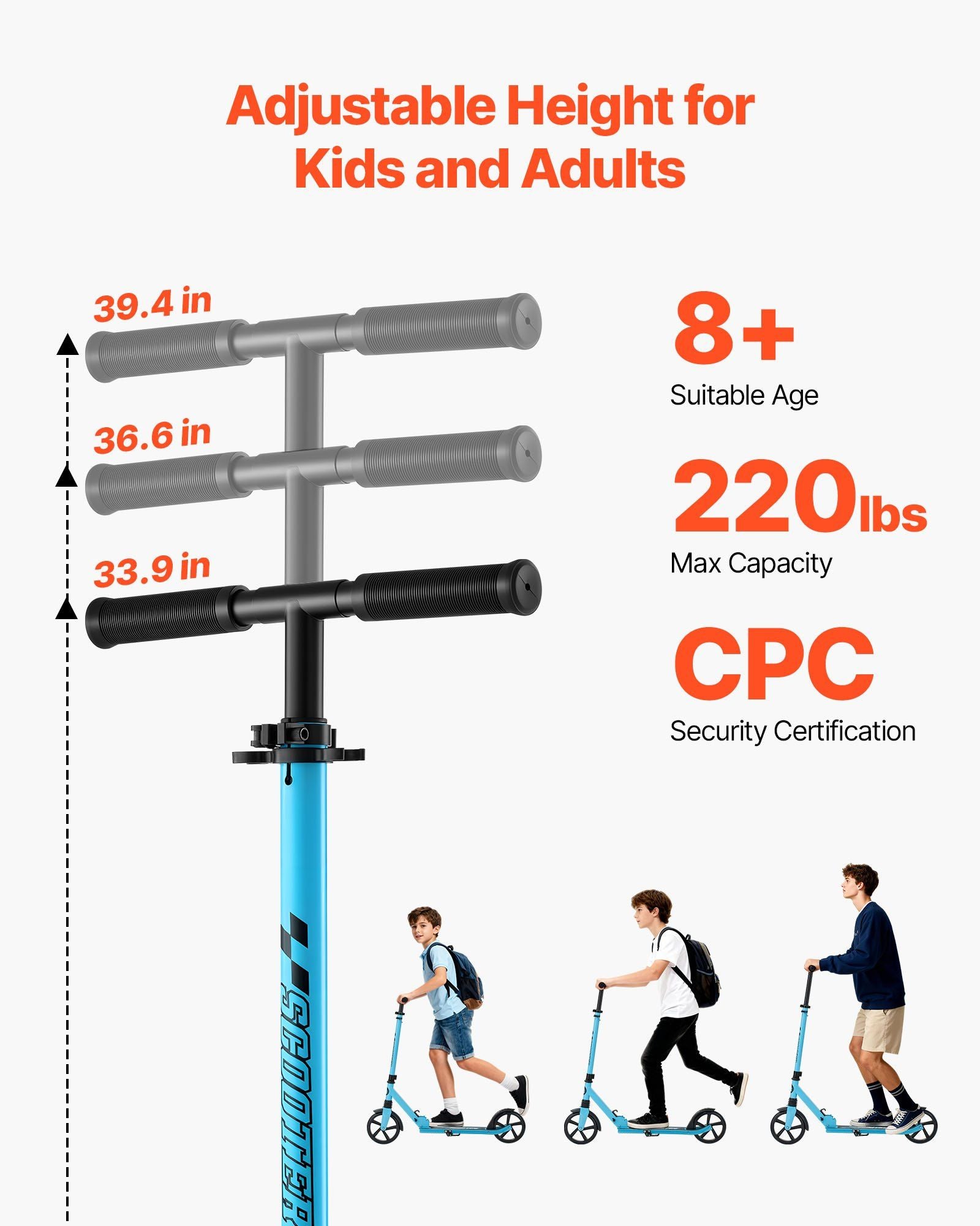Kick Scooter for Kids Ages 8+, Teens & Adults, 2-Wheel Toddler Scooter with Adjustable Height Handlebar, Wide Anti-Slip Deck, Foldable Lightweight for Boys & Girls up to 99.8 kg, Blue + Black