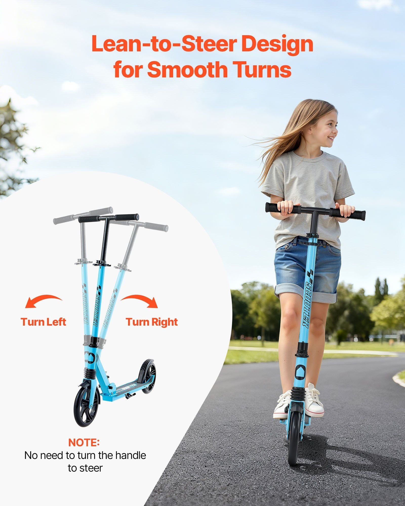 Kick Scooter for Kids Ages 8+, Teens & Adults, 2-Wheel Toddler Scooter with Adjustable Height Handlebar, Wide Anti-Slip Deck, Foldable Lightweight for Boys & Girls up to 99.8 kg, Blue + Black