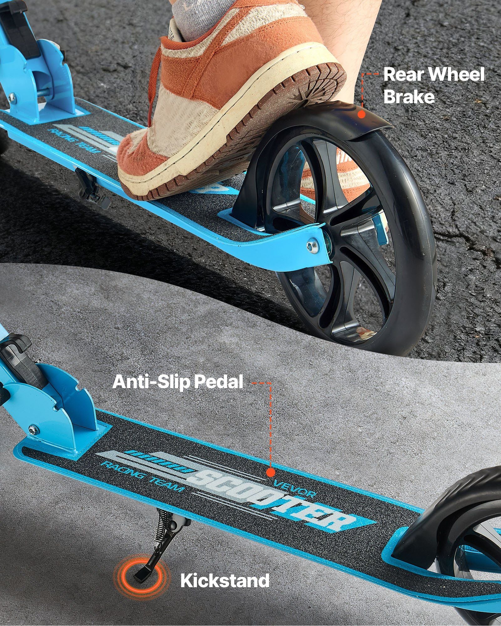 Kick Scooter for Kids Ages 8+, Teens & Adults, 2-Wheel Toddler Scooter with Adjustable Height Handlebar, Wide Anti-Slip Deck, Foldable Lightweight for Boys & Girls up to 99.8 kg, Blue + Black