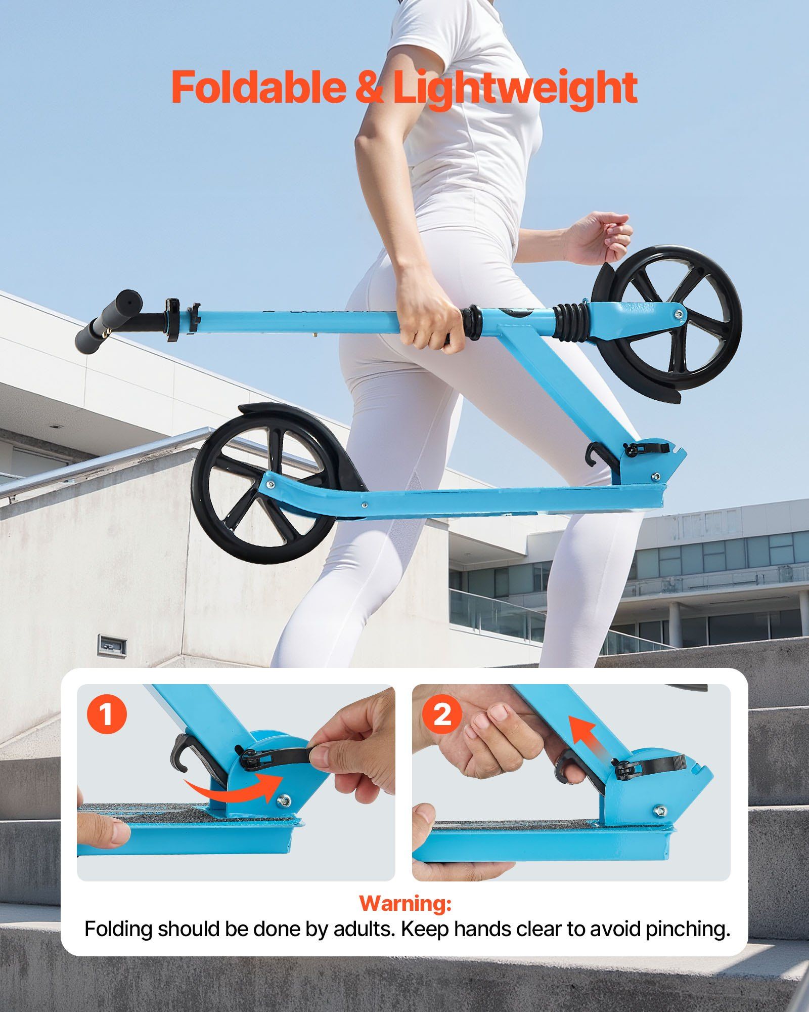 Kick Scooter for Kids Ages 8+, Teens & Adults, 2-Wheel Toddler Scooter with Adjustable Height Handlebar, Wide Anti-Slip Deck, Foldable Lightweight for Boys & Girls up to 99.8 kg, Blue + Black