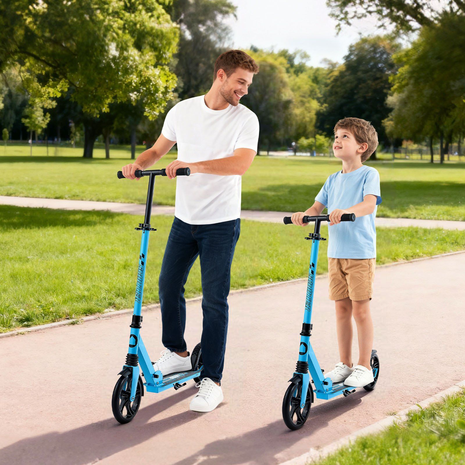 Kick Scooter for Kids Ages 8+, Teens & Adults, 2-Wheel Toddler Scooter with Adjustable Height Handlebar, Wide Anti-Slip Deck, Foldable Lightweight for Boys & Girls up to 99.8 kg, Blue + Black