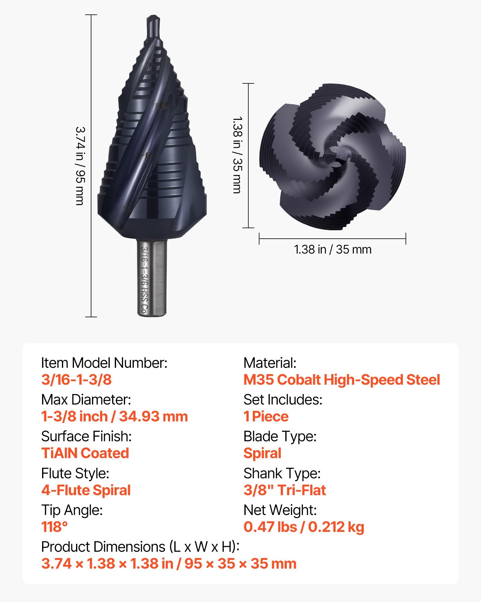 VEVOR Step Drill Bit, 4.76 to 34.93 mm, 9.53 mm Triangular Shank, TiAlN Coating Cobalt High Speed Steel, Four Spiral Flute Step Bit for Metal, Stainless Steel, Aluminum, Wood, Plastic, Fiberglass