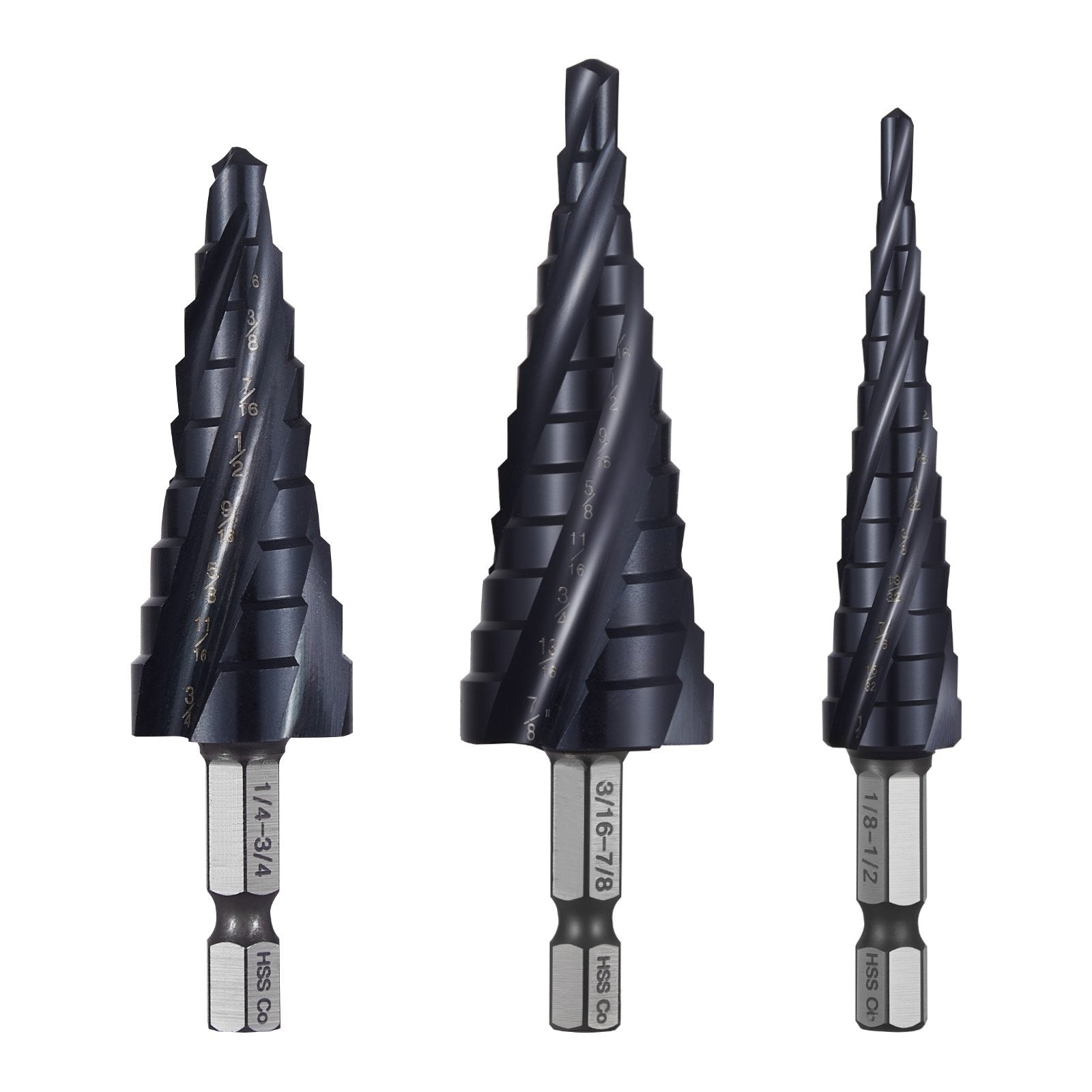 VEVOR Step Drill Bit Set, 3.2 - 22.2 mm, 3 Pieces Step Drill Bits, 6.35 mm Hex Shank, TiAlN Coating Cobalt HSS High Speed Steel, for Metal, Stainless Steel, Aluminum, Wood, Plastic, Fiberglass
