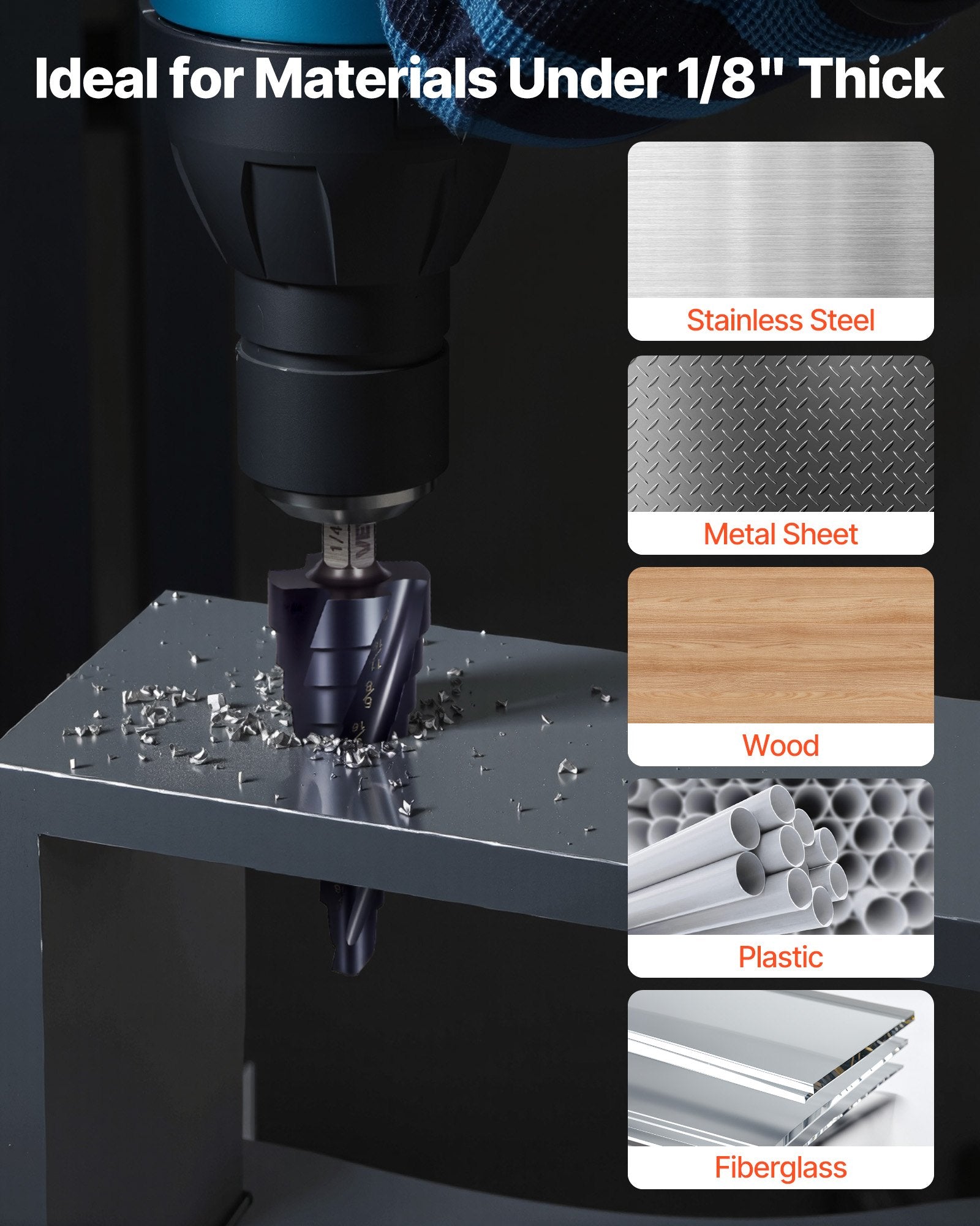 VEVOR Step Drill Bit Set, 3.2 - 22.2 mm, 3 Pieces Step Drill Bits, 6.35 mm Hex Shank, TiAlN Coating Cobalt HSS High Speed Steel, for Metal, Stainless Steel, Aluminum, Wood, Plastic, Fiberglass