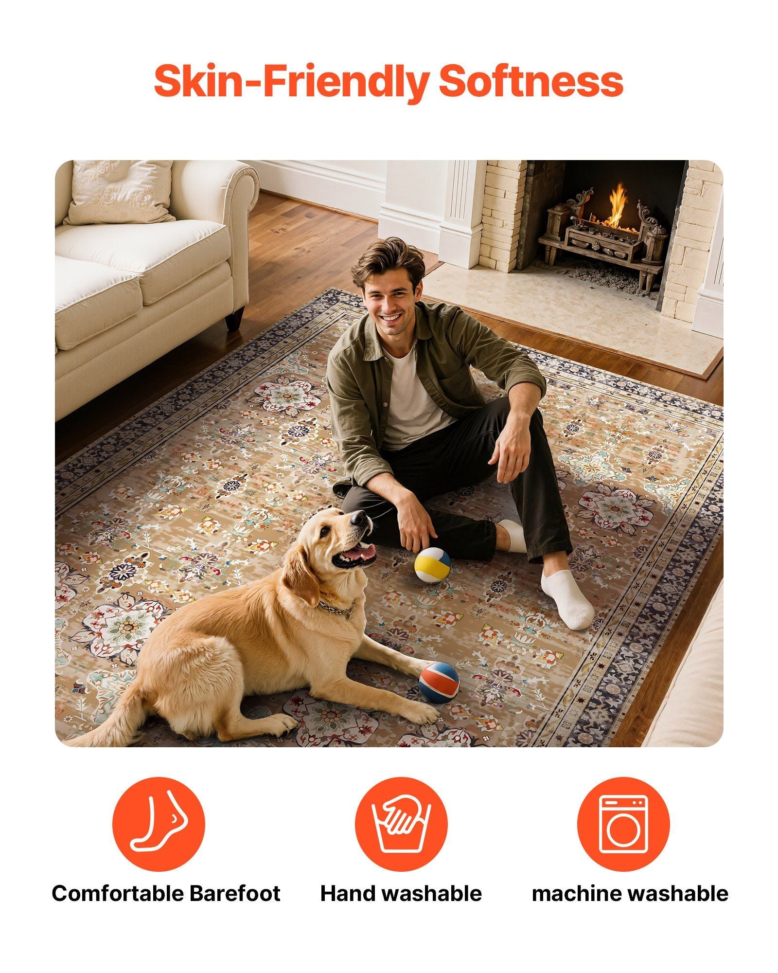 Area Rug, 2438.4 x 3048 mm Large Washable Rug, Non-Slip & Tear-Resistant Soft Carpet, Pet & Child Friendly Vintage Area Rugs, Indoor Mat for Bedroom, Living Room, Kids Room, Office, Brown Green