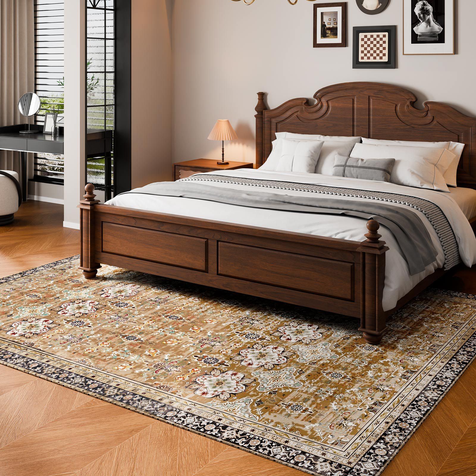 Area Rug, 2438.4 x 3048 mm Large Washable Rug, Non-Slip & Tear-Resistant Soft Carpet, Pet & Child Friendly Vintage Area Rugs, Indoor Mat for Bedroom, Living Room, Kids Room, Office, Brown Green