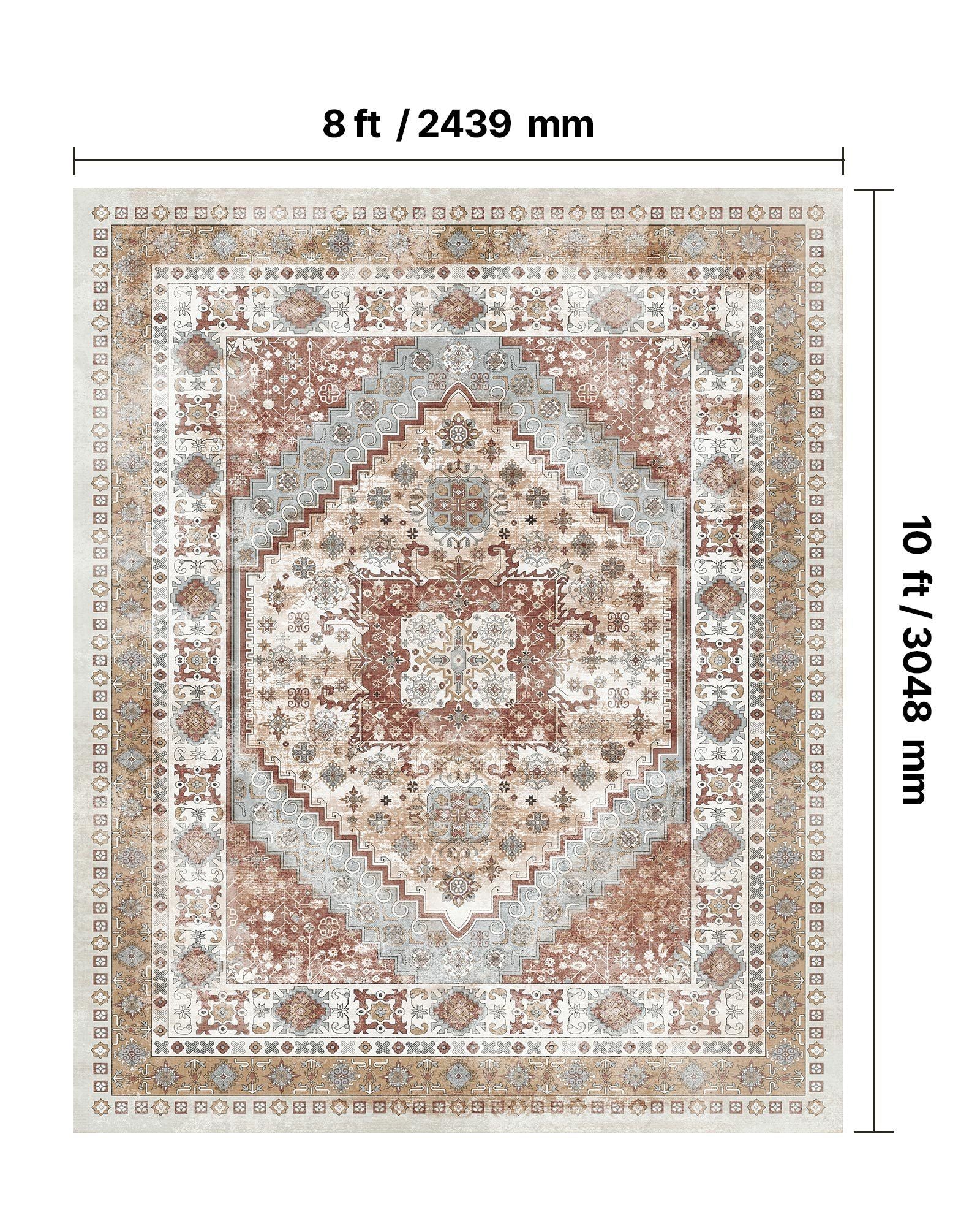 Area Rug, 2438.4 x 3048 mm Large Washable Rug, Non-Slip and Tear-Resistant Soft Carpet, Pet & Child Friendly Vintage Area Rugs, Indoor Mat for Bedroom, Living Room, Kids Room, Office, Brown Red