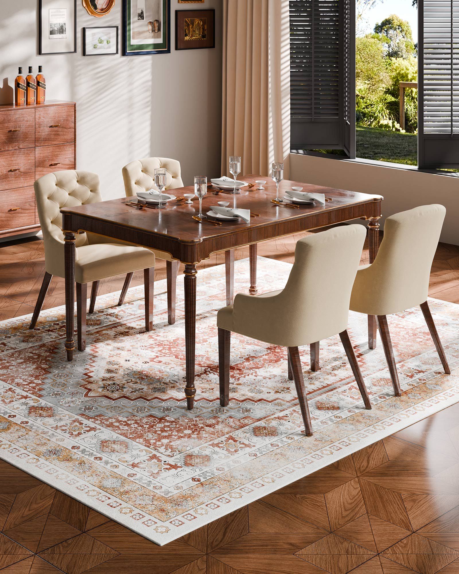 Area Rug, 2438.4 x 3048 mm Large Washable Rug, Non-Slip and Tear-Resistant Soft Carpet, Pet & Child Friendly Vintage Area Rugs, Indoor Mat for Bedroom, Living Room, Kids Room, Office, Brown Red