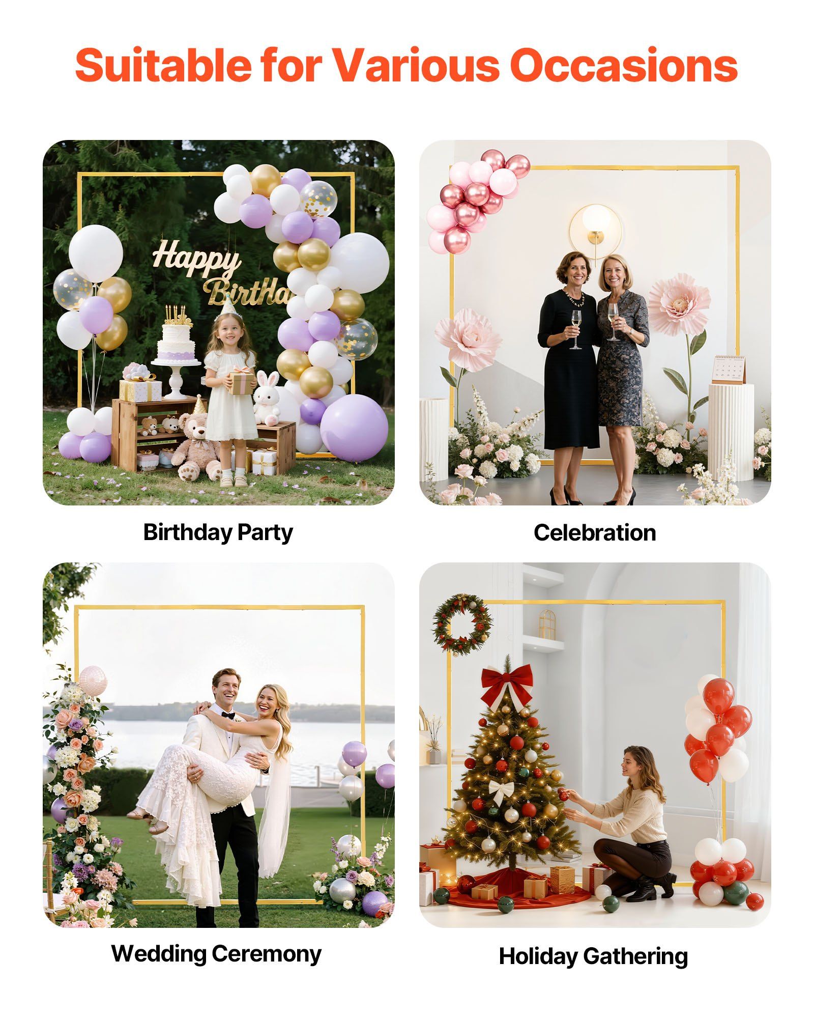 Arch Backdrop Stand, 2 x 2 m, Stable Structure, Easy Assembly, Square Gold Metal Arch Backdrop Stand for Wedding, Birthday Party, Graduation, Holiday Celebration, and Ceremony Decoration