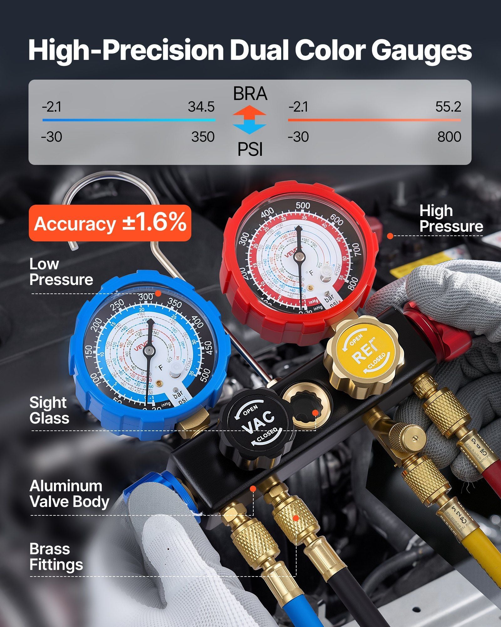 AC Manifold Gauge Set for R134a R404A R1234yf R22 Refrigerant, 4 Way AC Gauge with 1.5m Hoses, Adapters, Quick Couplers, Can Taps for Automotive Air Conditioning Maintenance, Charging Evacuation
