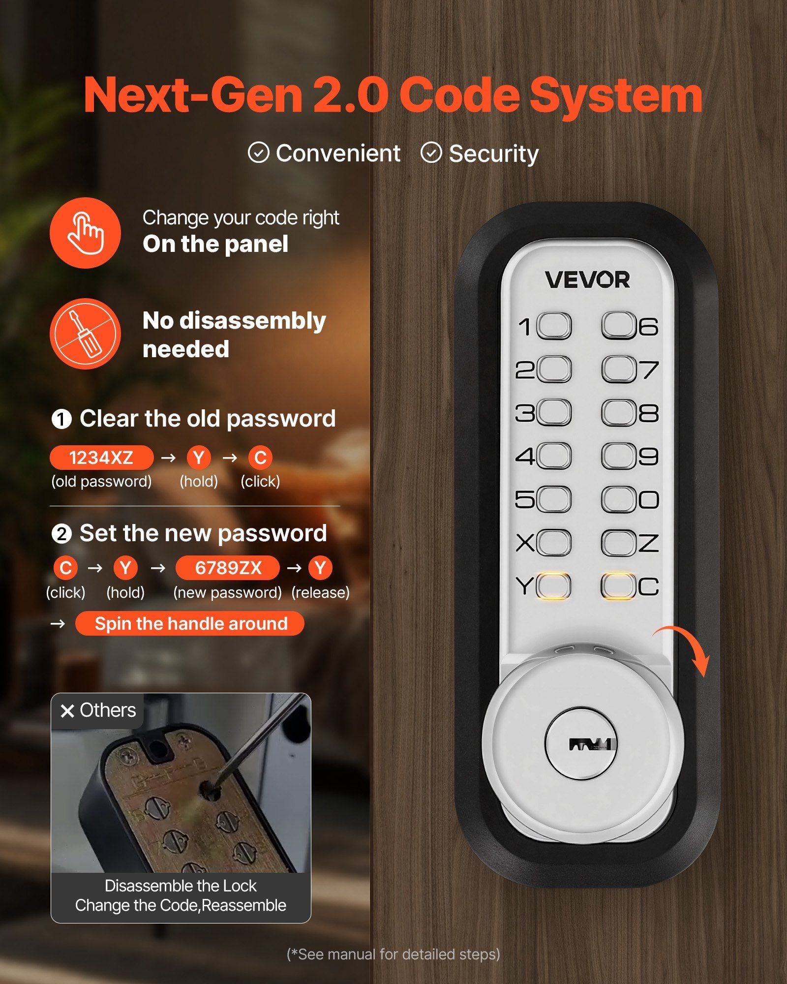 Mechanical Keyless Entry Door Lock, 2.0 Code Upgrade, 4-7 Digits Code, Single-Sided Push Button Combination Mechanical Keypad Door Knob, Auto Locking, for Garden Gates, Indoor or Outdoor, Silver