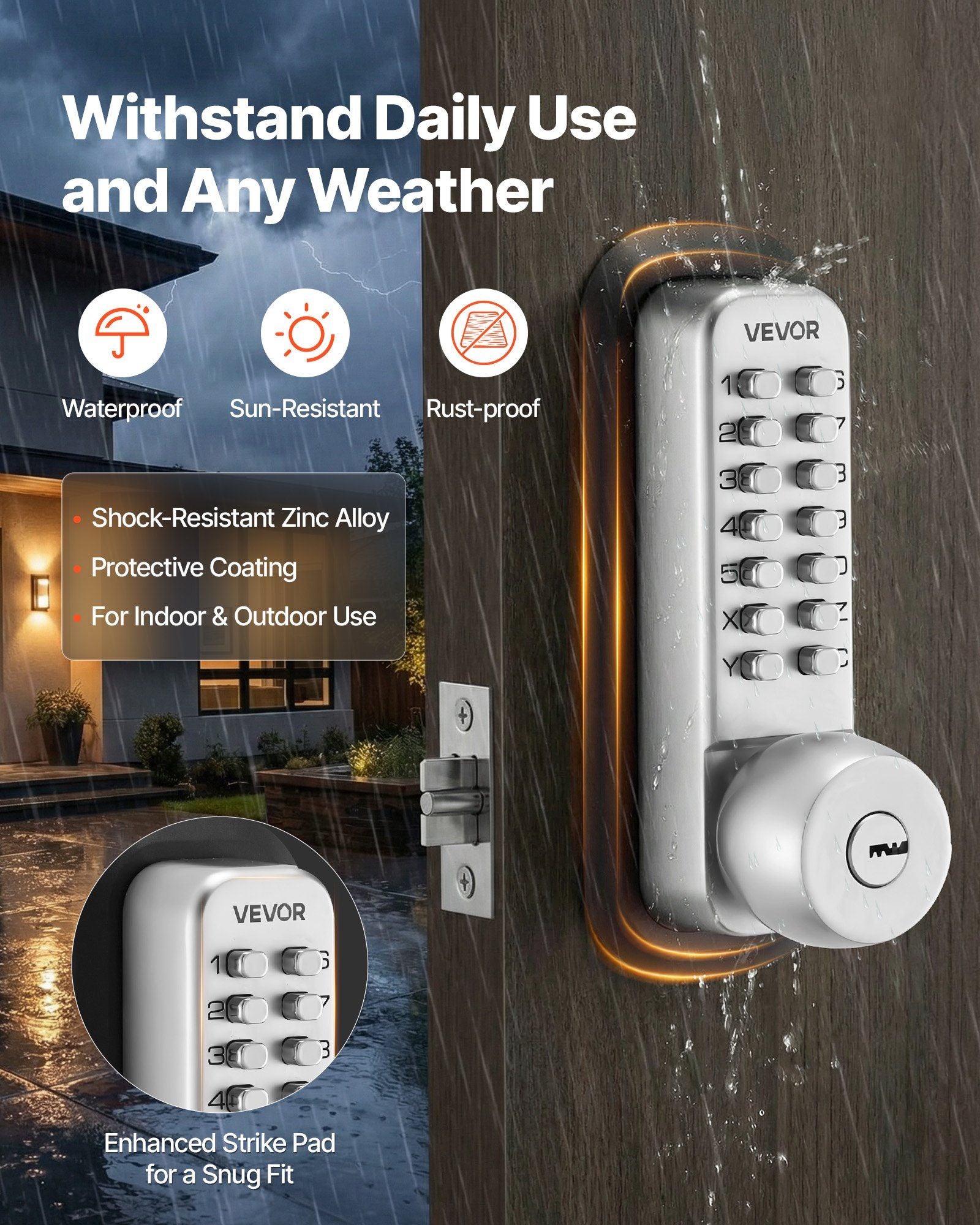 Mechanical Keyless Entry Door Lock, 2.0 Code Upgrade, 4-7 Digits Code, Single-Sided Push Button Combination Mechanical Keypad Door Knob, Auto Locking, for Garden Gates, Indoor or Outdoor, Silver