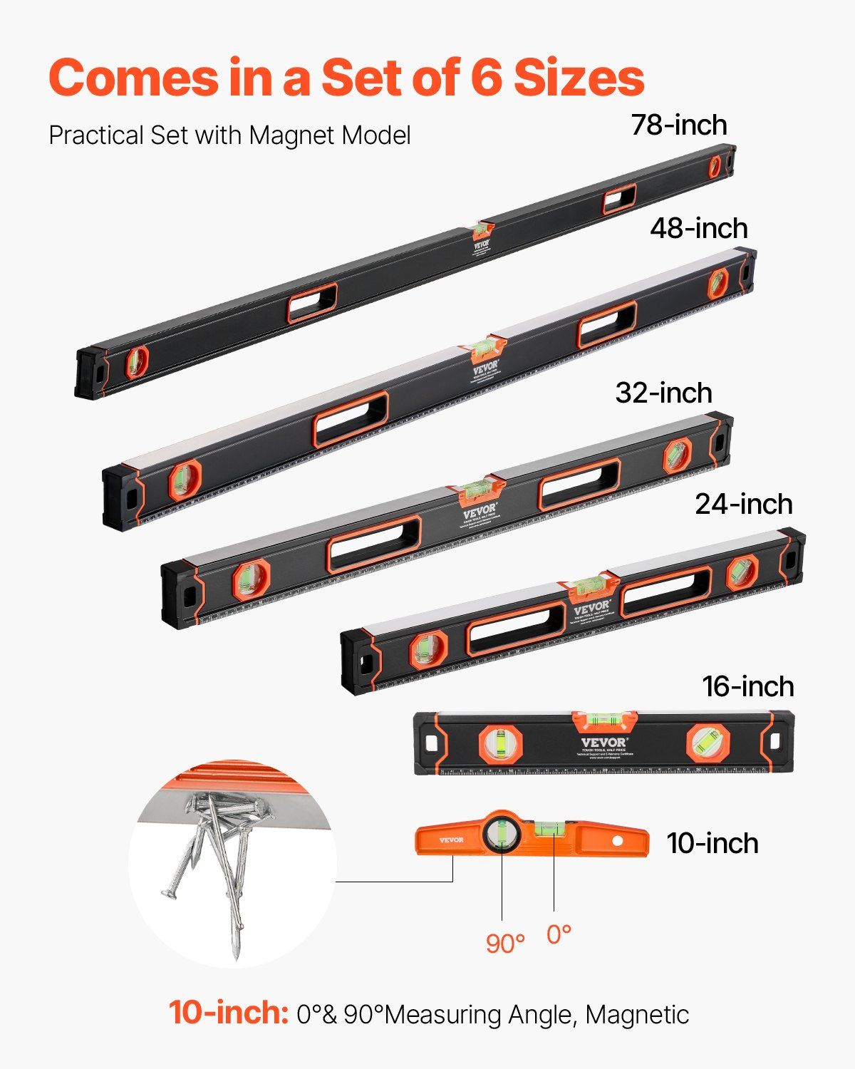 6-Piece Torpedo Level, 2000/1200/800/600/400/250 mm Box Levels Set, Bubble Vials Ruler for 45/90/180 Degree, Shock-Proof Aluminum Alloy Magnetic Leveler Tool, SAE/Metric Scale(250-mm has magnet)