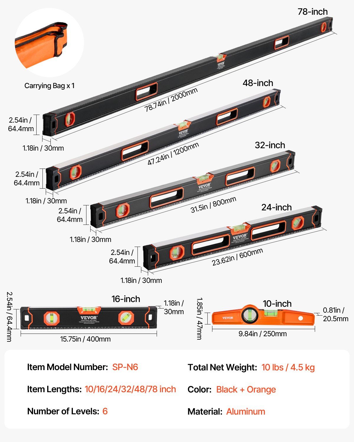 6-Piece Torpedo Level, 2000/1200/800/600/400/250 mm Box Levels Set, Bubble Vials Ruler for 45/90/180 Degree, Shock-Proof Aluminum Alloy Magnetic Leveler Tool, SAE/Metric Scale(250-mm has magnet)