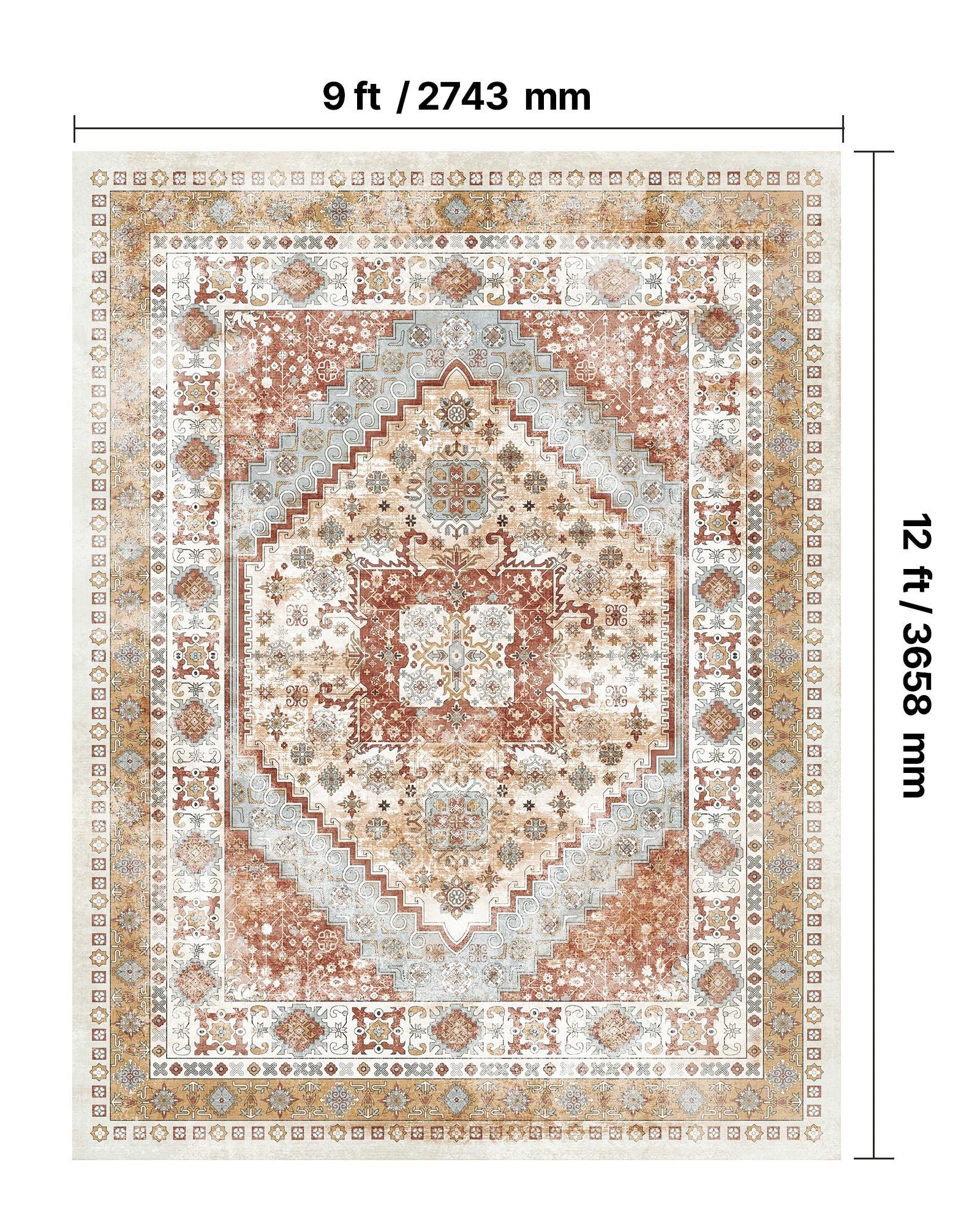 Area Rug, 2743.2 x 3658 mm Large Washable Rug, Non-Slip and Tear-Resistant Soft Carpet, Pet & Child Friendly Vintage Area Rugs, Indoor Mat for Bedroom, Living Room, Kids Room, Office, Brown Red