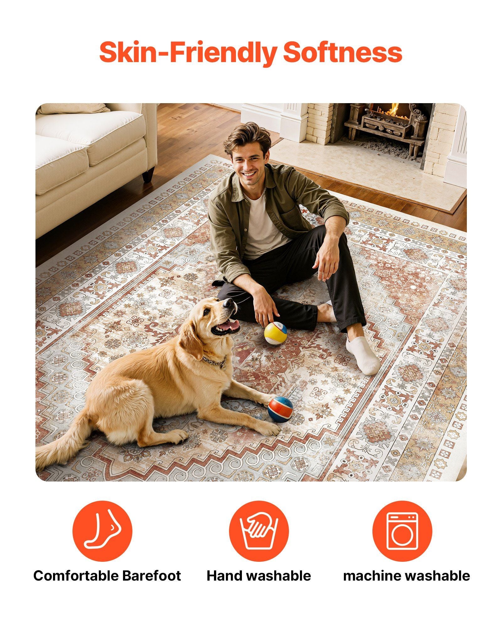Area Rug, 2743.2 x 3658 mm Large Washable Rug, Non-Slip and Tear-Resistant Soft Carpet, Pet & Child Friendly Vintage Area Rugs, Indoor Mat for Bedroom, Living Room, Kids Room, Office, Brown Red