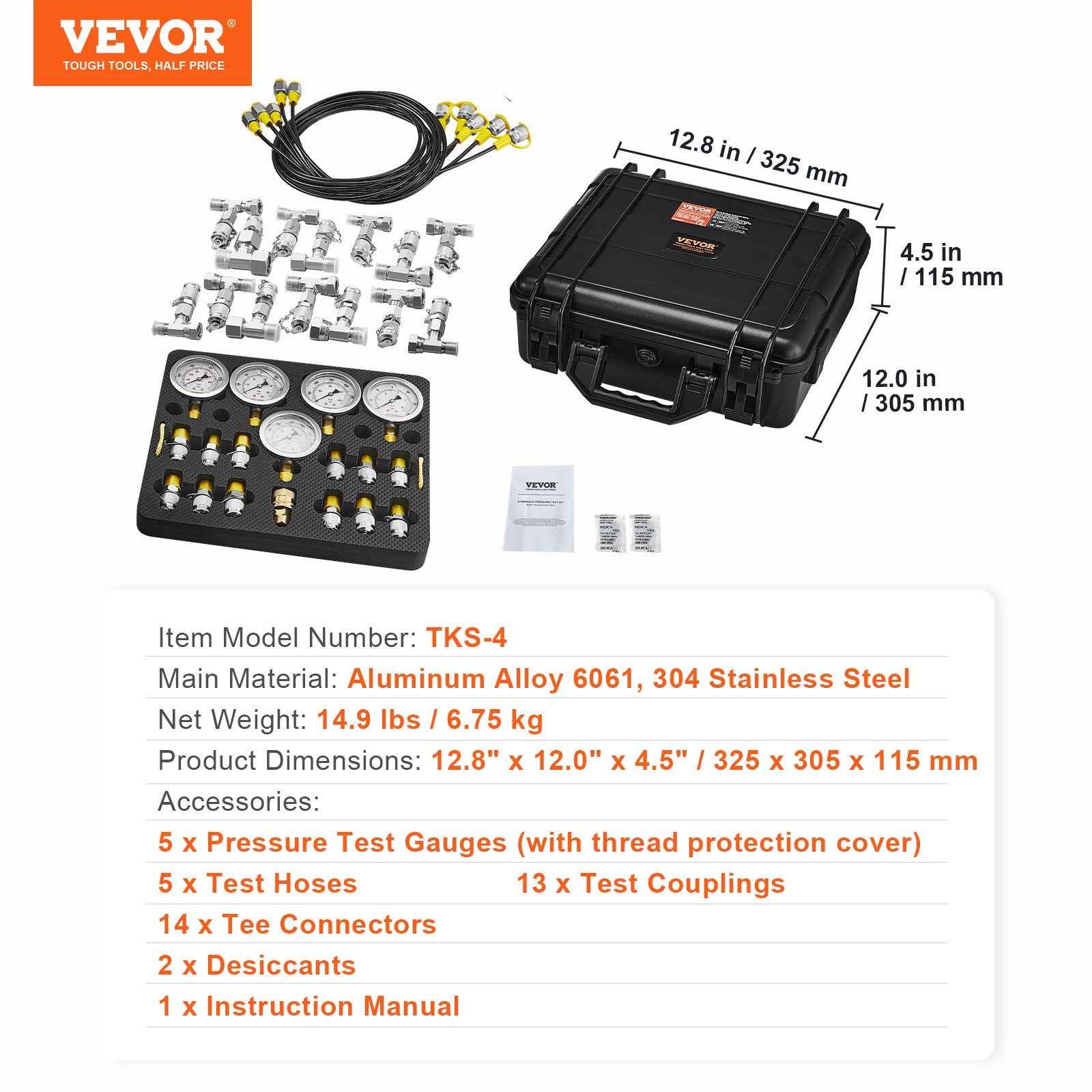 VEVOR Hydraulic Pressure Test Kit, 10/100/250/400/600bar, 5 Gauges 13 Couplings 14 Tee Connectors 5 Test Hoses, Excavator Hydraulic Test Gauge Set with Carrying Case for Excavator Tractors Machinery
