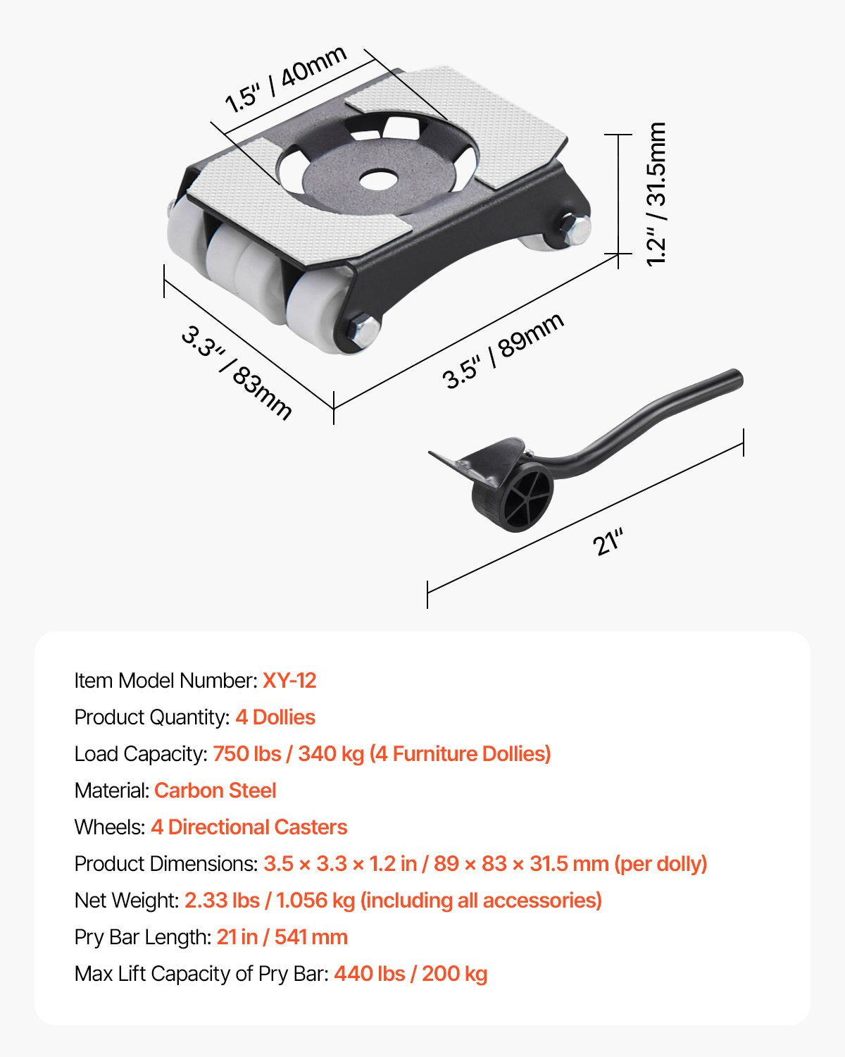 VEVOR Furniture Dolly, 150 kg Load Capacity, Heavy Duty Furniture Movers with Wheels, Carbon Steel Panel, Dual-Row & Eight-Wheel Structure, Furniture Lift Slider Tool Set for Appliances, Sofa, Fridge