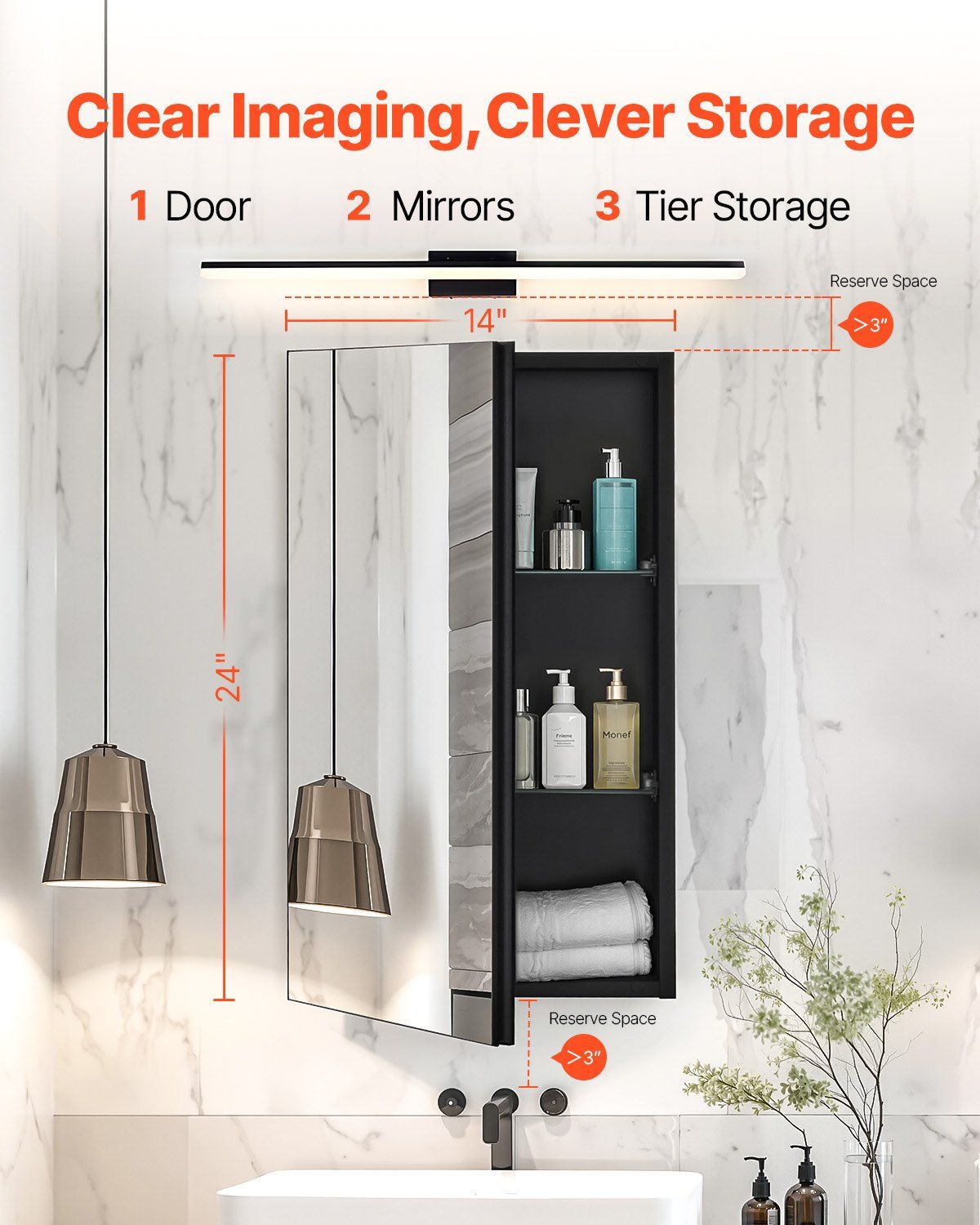 Medicine Cabinet, 14 x 24 inches, Medicine Cabinet for Bathroom with Mirror, Aluminum Frame Bathroom Wall Cabinet, 2-layer Adjustable Shelves, Recessed & Wall-mounted Installation