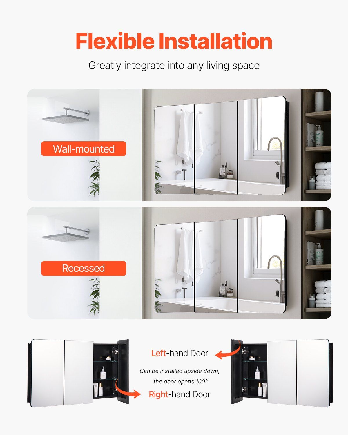 Medicine Cabinet, 25.5 x 40 inch, Medicine Cabinet for Bathroom with Mirror, Aluminum Frame Bathroom Wall Cabinet, 4-layer Adjustable Shelves, Recessed & Wall-mounted Installation
