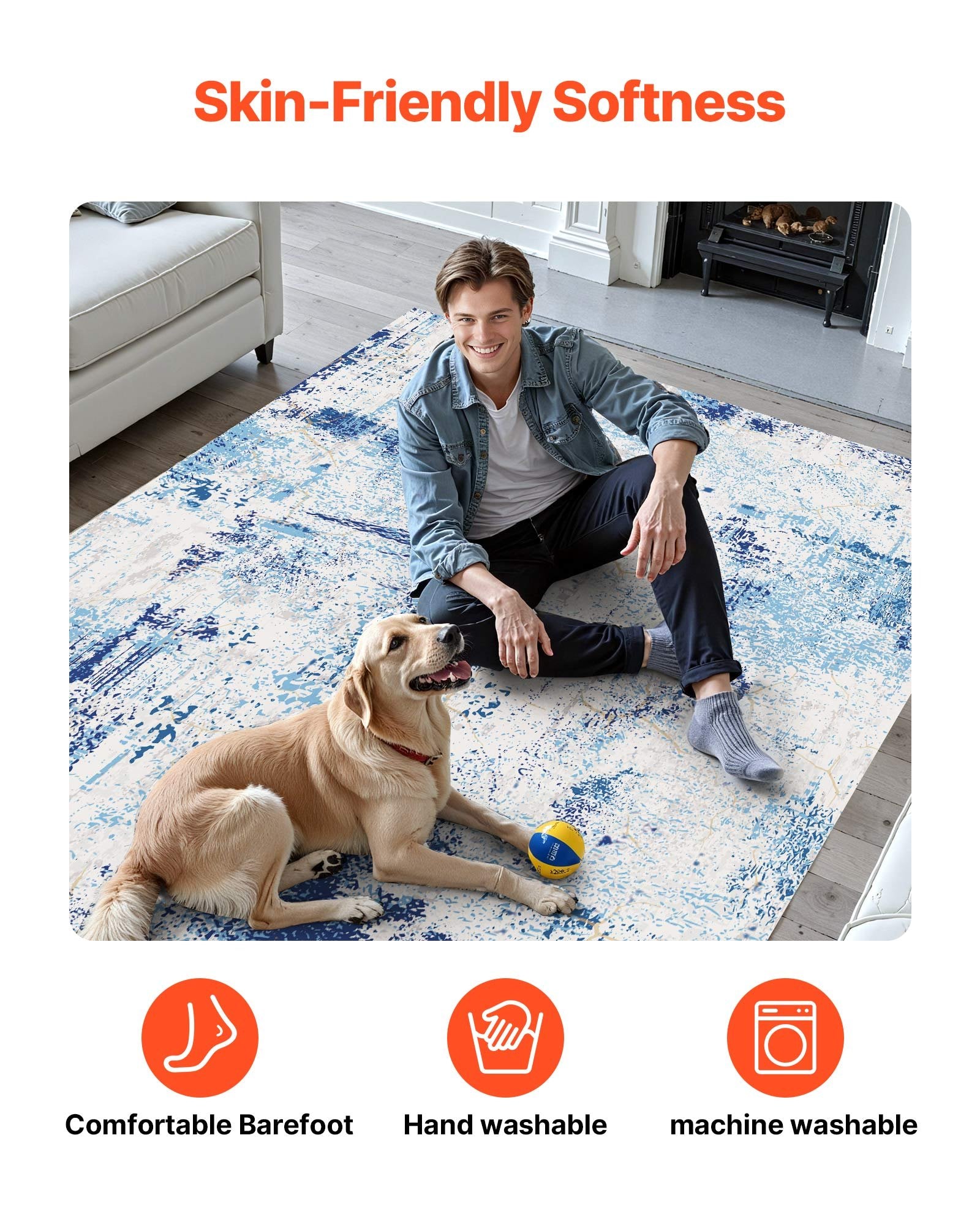 VEVOR Area Rug, 1524x2133.6mm Large Washable Rug, Non-Slip and Tear-Resistant Soft Carpet, Pet & Child Friendly Modern Area Rugs, Indoor Mat for Bedroom, Office, Living Room, Kids Room, Entryway, Blue