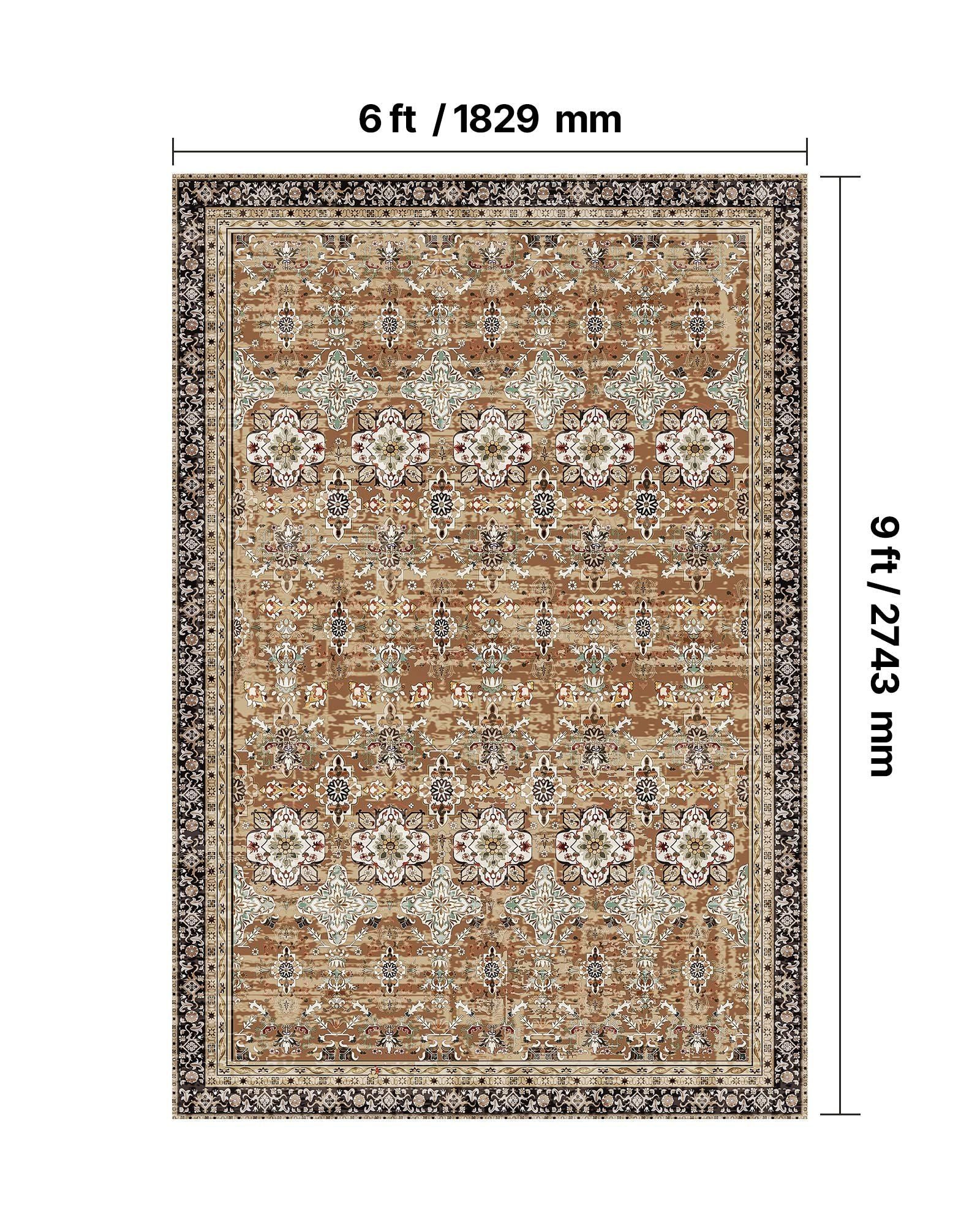 Area Rug, 1828.8x2743.2mm Large Washable Rug, Non-Slip Tear-Resistant Soft Carpet, Pet & Child Friendly Vintage Area Rugs, Indoor Mat for Bedroom, Living Room, Kids Room, Entryway, Brown Green