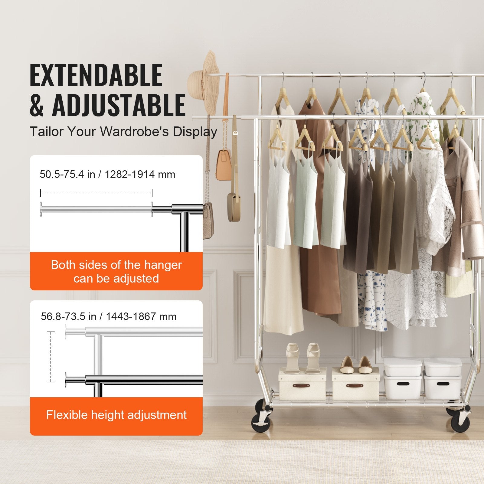 VEVOR Heavy Duty Clothes Rack, Double Hanging Rod Clothing Garment Rack for Hanging Clothes, Adjustable Height and Extendable Length Clothing Rack with Bottom Storage Area, 272 KG Load Capacity