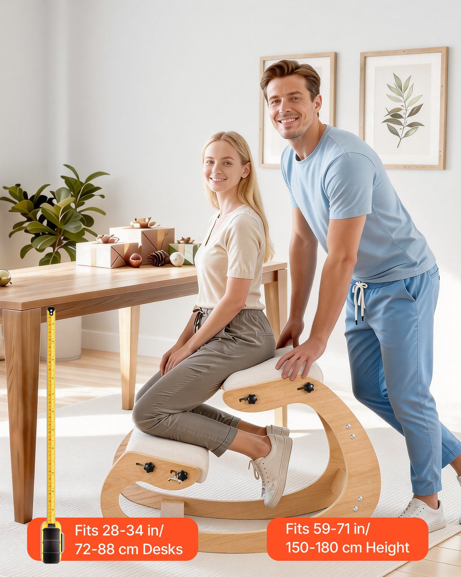 Ergonomic Kneeling Chair, Wooden Posture Knee Chair with Adjustable Thick Foam Cushions & Solid Wood Frame, Adjustable Height, Relief for Neck or Back Pain for Home, Office or Meditation, Beige