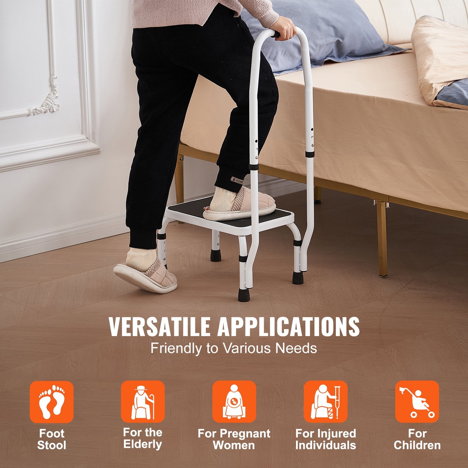 VEVOR Step Stool 1-Step 150KG Capacity, 3 Adjustable Height with Handle Steel Step Ladder, Portable Toddler Step Stools for Adults, Non-Slip Sturdy Step Ladders for Office, RVs, Pets