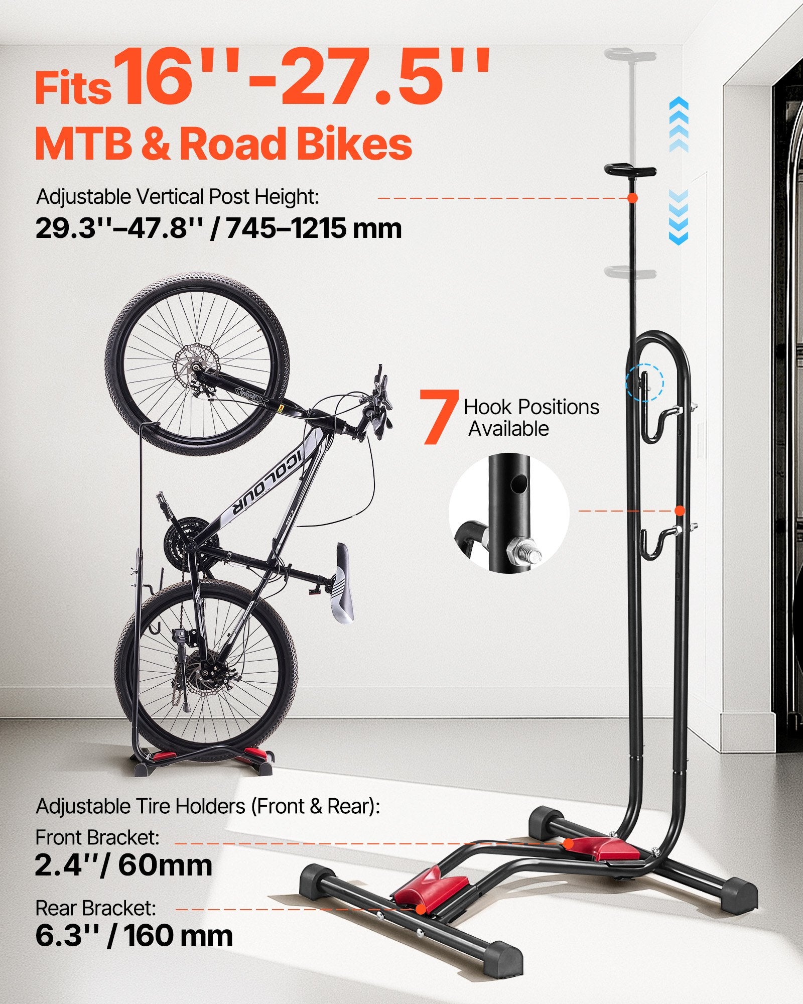 VEVOR Bike Rack, Upright Bike Stand Floor for 406.4 to 700 mm Mountain & Road Bikes, Vertical & Horizontal Bicycle Stand for Secure Parking and Storage in Garage, Truck Bed, Indoor, Outdoor, Black