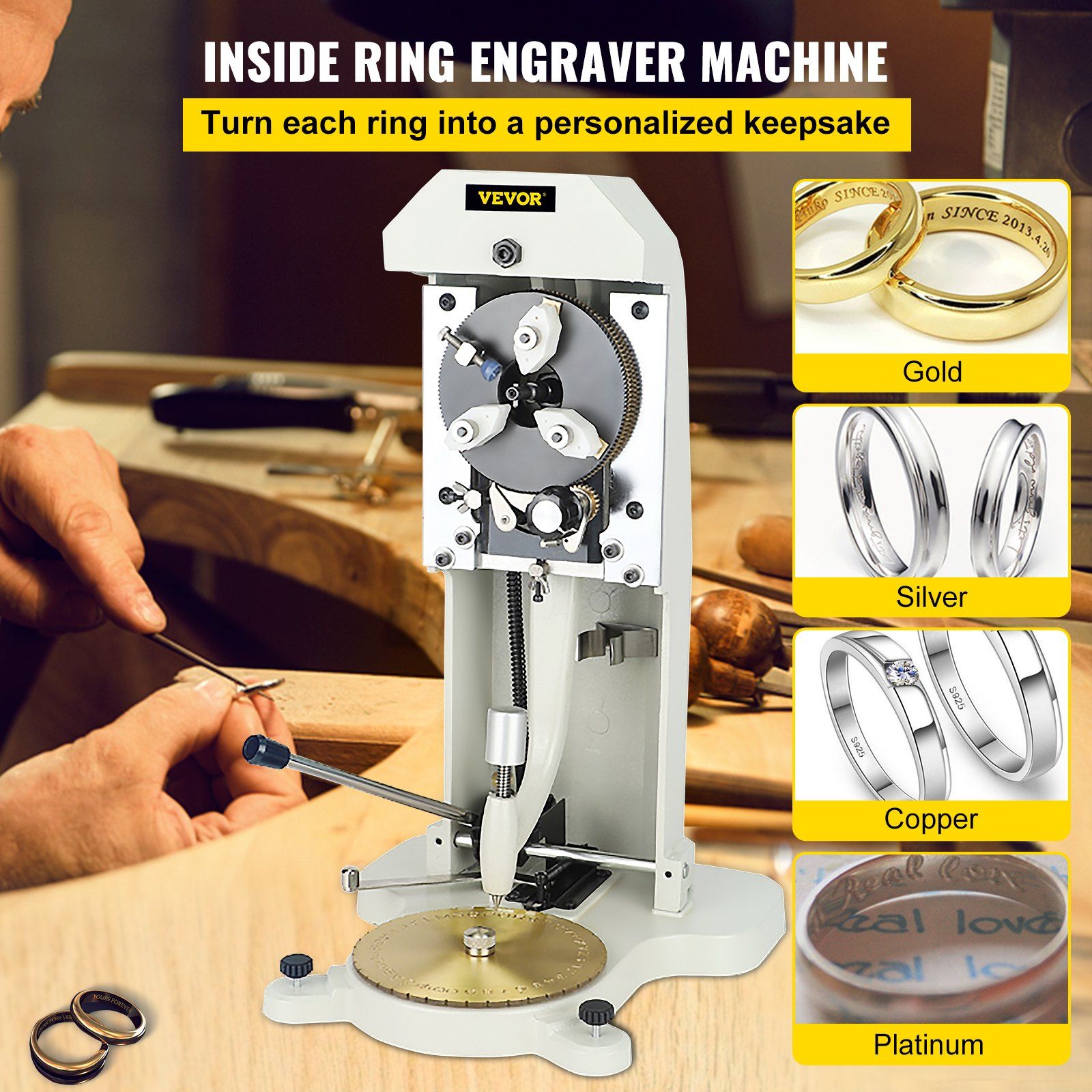 Inside Ring Engraver, Double Sided Dial Ring Engraver Stamper, 1.5mm-2.0mm Character Letter Block Ring Engraving Machine, Aluminum Alloy Body, with 3 Clamps, for Jewelry Rings Inner Engraving