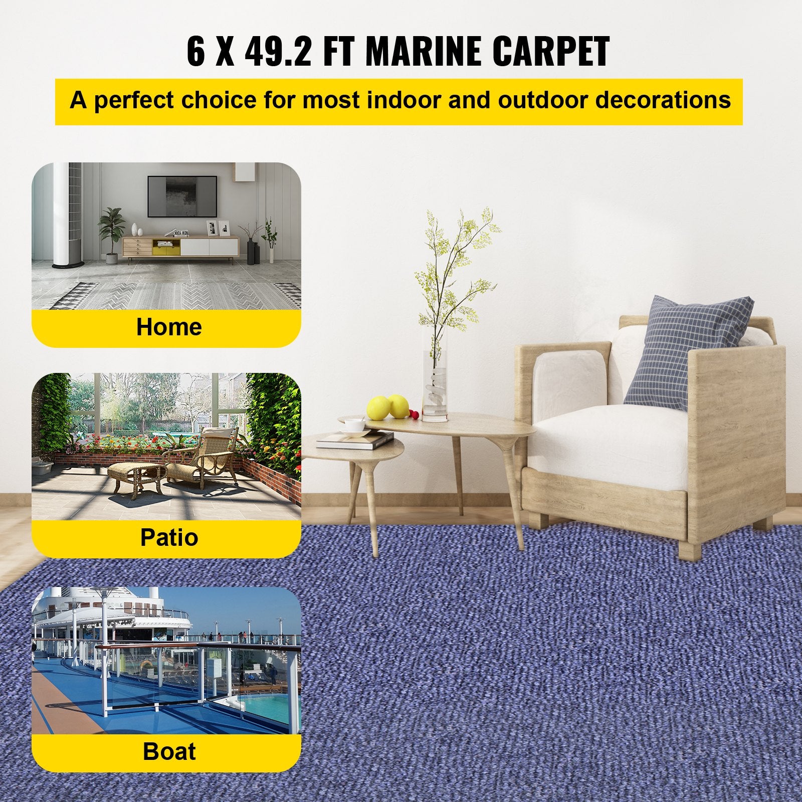 VEVOR Deep Blue Marine Carpet 6 ft x 49.2 ft Marine Carpeting Marine Grade Carpet for Boats with Waterproof Back Outdoor Rug for Patio Porch Deck Garage Outdoor Area Rug Runner Non-Slide Porch Rug