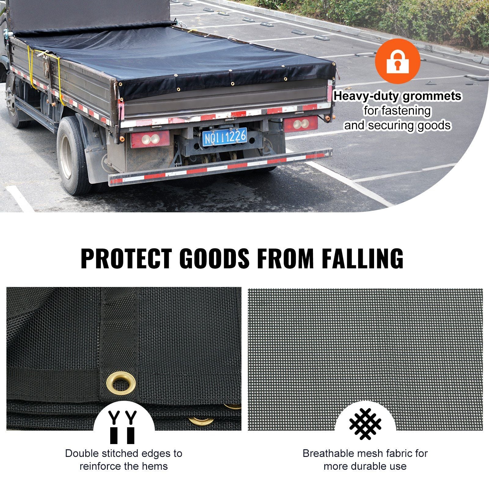 Dump Truck Mesh Tarp, 7 x 14 ft, PVC Coated Black Heavy Duty Cover with 5.5" 18oz Double Pocket, Brass Grommets, Reinforced Double Needle Stitch Webbing Fits Manual or Electric Dump Truck System