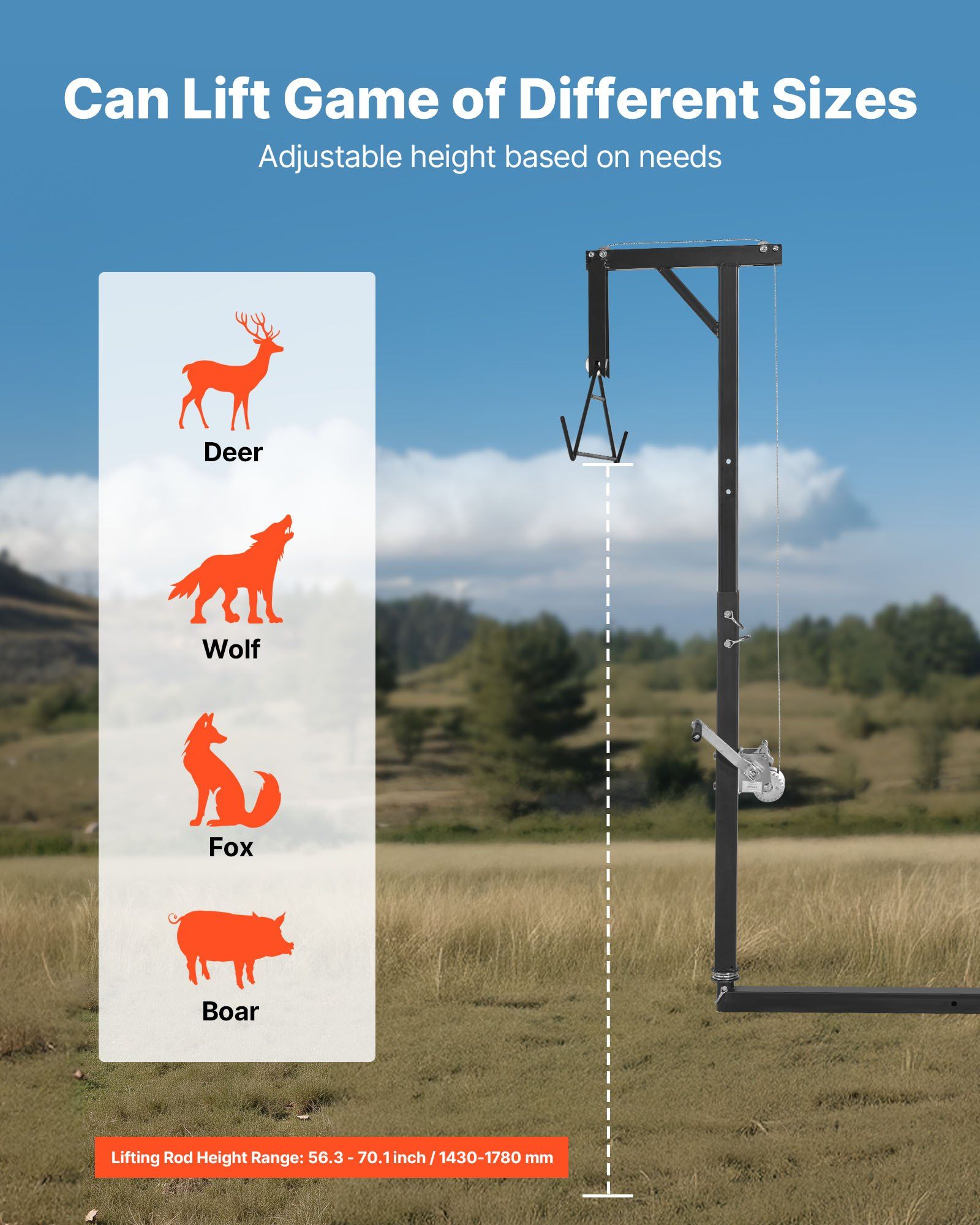 Truck Hitch Game Hoist, 300 lbs Load Capacity, Hunting Deer Hoist with 2-inch Receiver, 360-Degree Swivel Shaft & Adjustable Height, Includes Gambrel Winch for Skinning & Cleaning Game