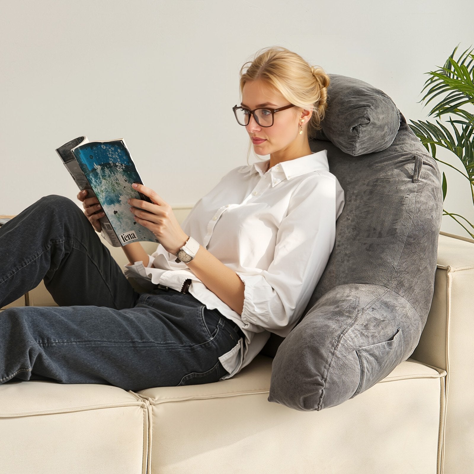 VEVOR Reading Pillow, Large Bed Pillow with Removable Headrest, Back Pillow with 3 Pockets, Shredded Memory Foam and Washable Short Velvet Cloth, Side with Handles for Reading, Gaming, Resting, Grey