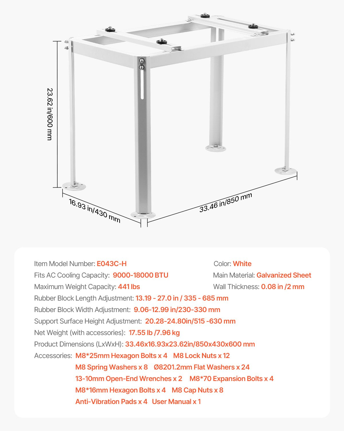 VEVOR Mini Split Ground Stand Adjustable Anti Vibration for 9000-18000 BTU