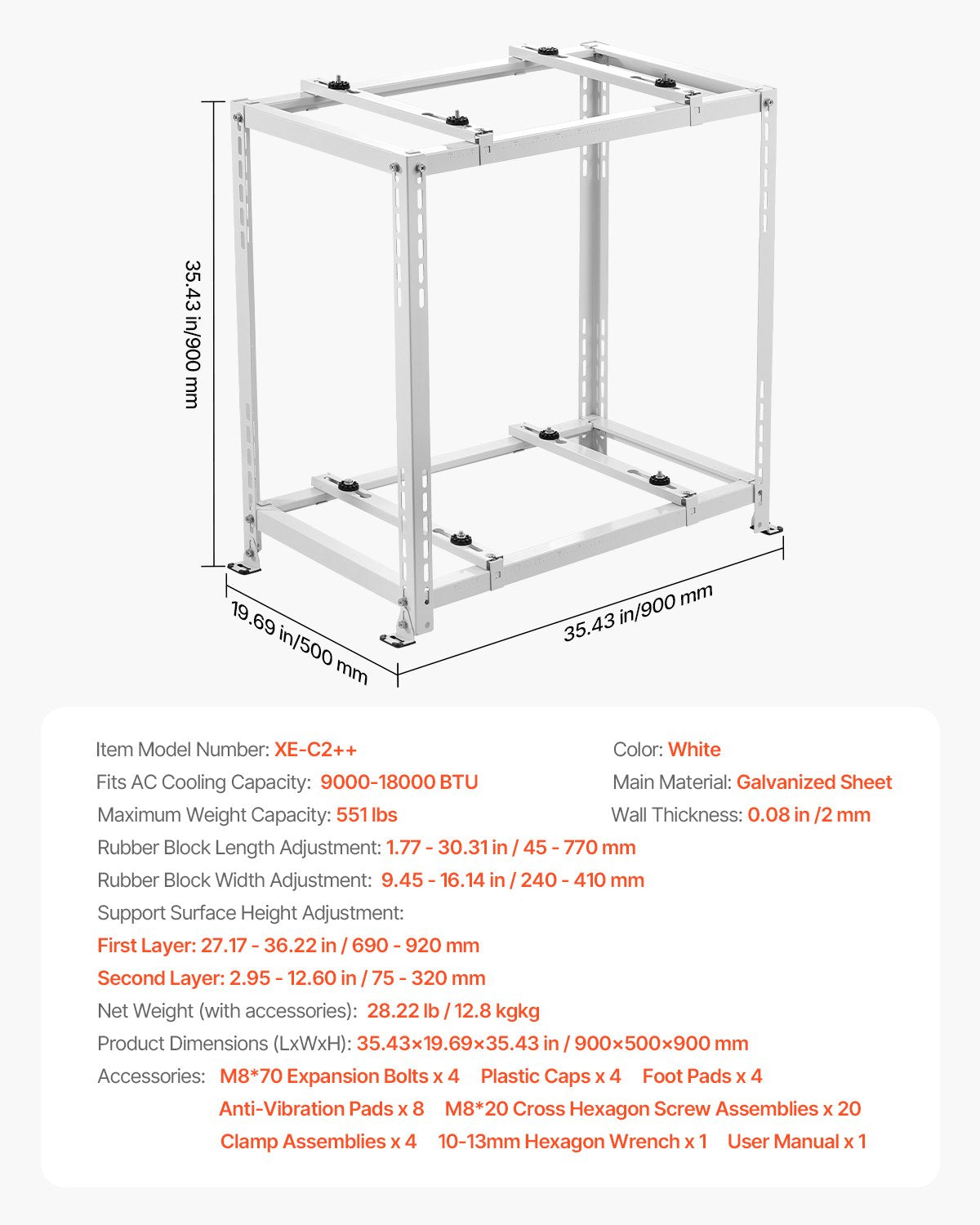 VEVOR Mini Split Ground Stand, Anti-Vibration Mini Split Stand for 9000-18000 BTU Ductless Air Conditioner Heat Pump, Heavy Duty AC Base Bracket Floor Mount w/ 250kg Max. Load,Dual Levels
