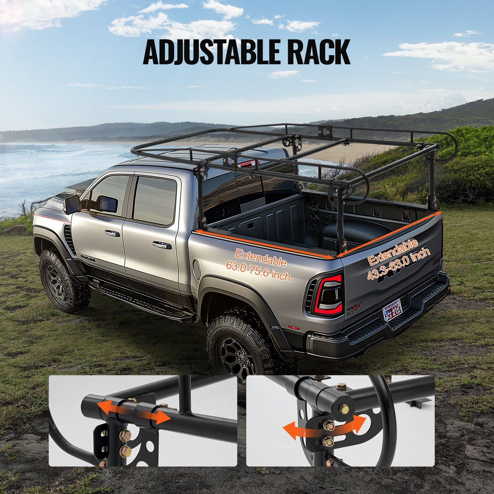 Truck Ladder Rack, 1000 LBS / 454 KG Strong Capacity Truck Racks, Non-Drilling / Drilling Installation for Long or Heavy Cargo, 43.3-63 inch Adjustable Width for Kayak, Ladder, Surfboard, Lumber