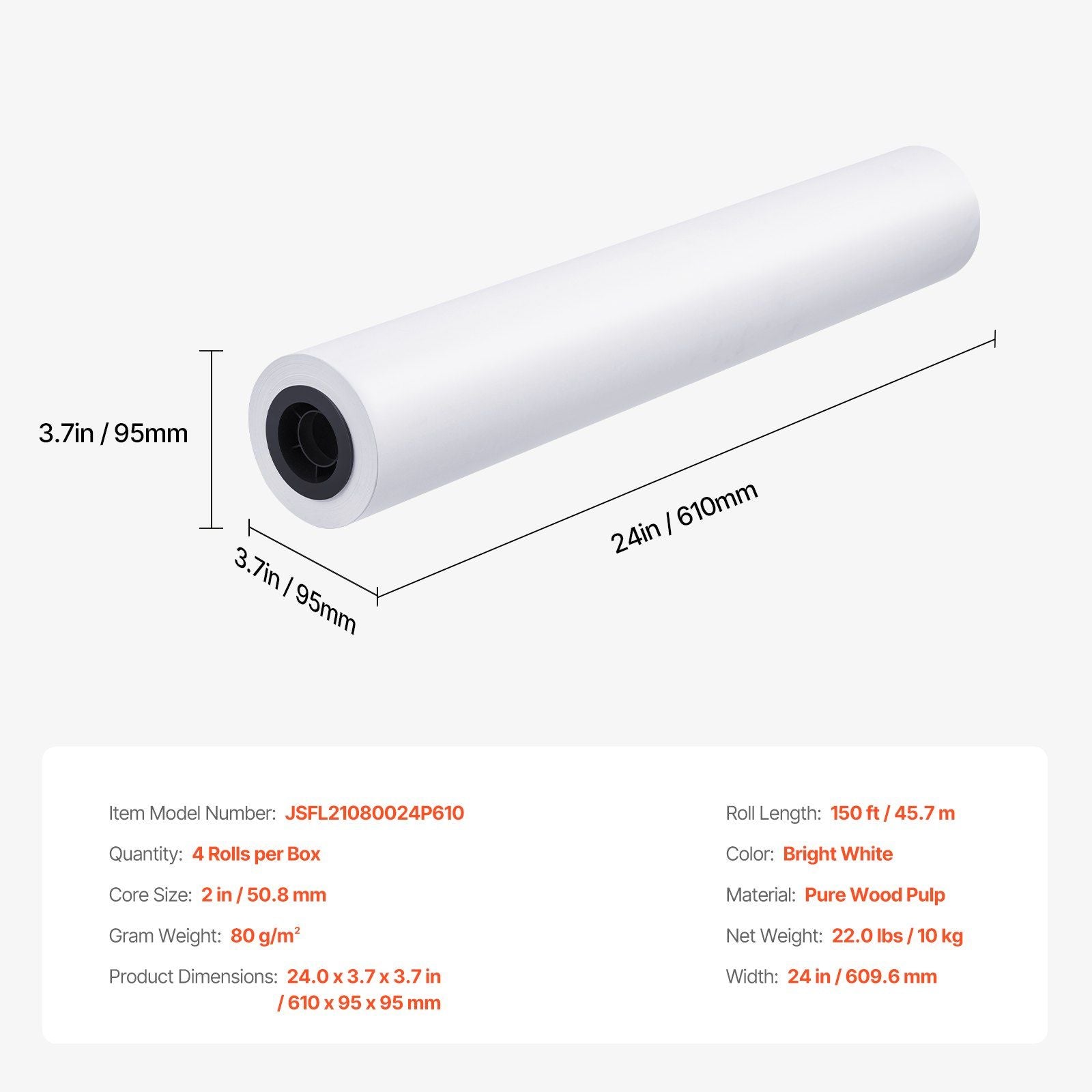 Wide Format Paper, 609.6 mm x 45.7 m Plotter Paper, 4 Rolls CAD Bond Rolls with 50.8 mm Core, 10 KG Plotter Paper Rolls, for CAD Drawings, Engineering Plans, GIS Maps & Architectural Designs
