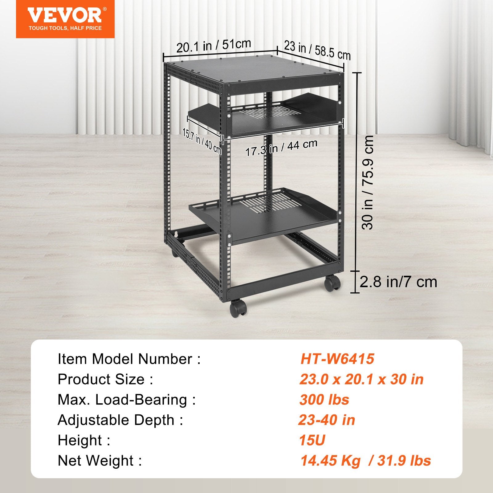 VEVOR 15U Open Frame Server Rack, 23-40 in Adjustable Depth, Free Standing or Wall Mount Network Server Rack, 4 Post AV Rack with Casters, Holds All Your Networking IT Equipment AV Gear Router Modem