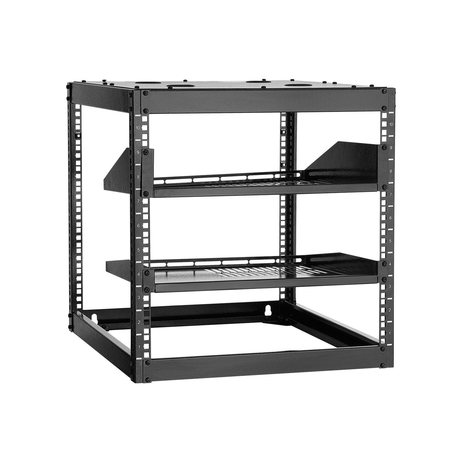 10U Open Frame Network Rack, 585 mm Depth, Wall Mounted or Floor Standing Server Rack, Heavy Duty 4 Post, with Vented Shelves & Mounting Hardware, Holds All Your Networking IT Equipment AV Gear