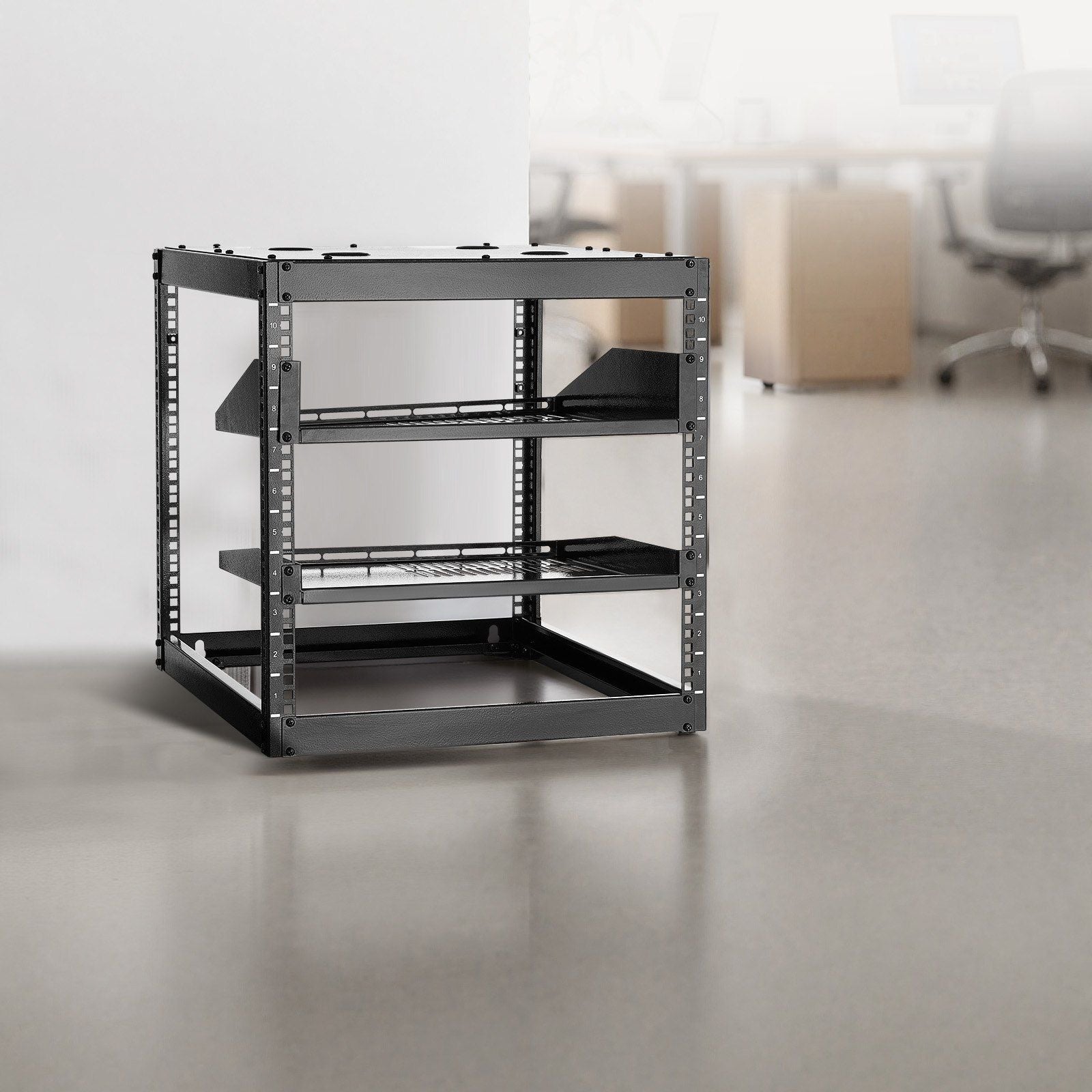 10U Open Frame Network Rack, 585 mm Depth, Wall Mounted or Floor Standing Server Rack, Heavy Duty 4 Post, with Vented Shelves & Mounting Hardware, Holds All Your Networking IT Equipment AV Gear