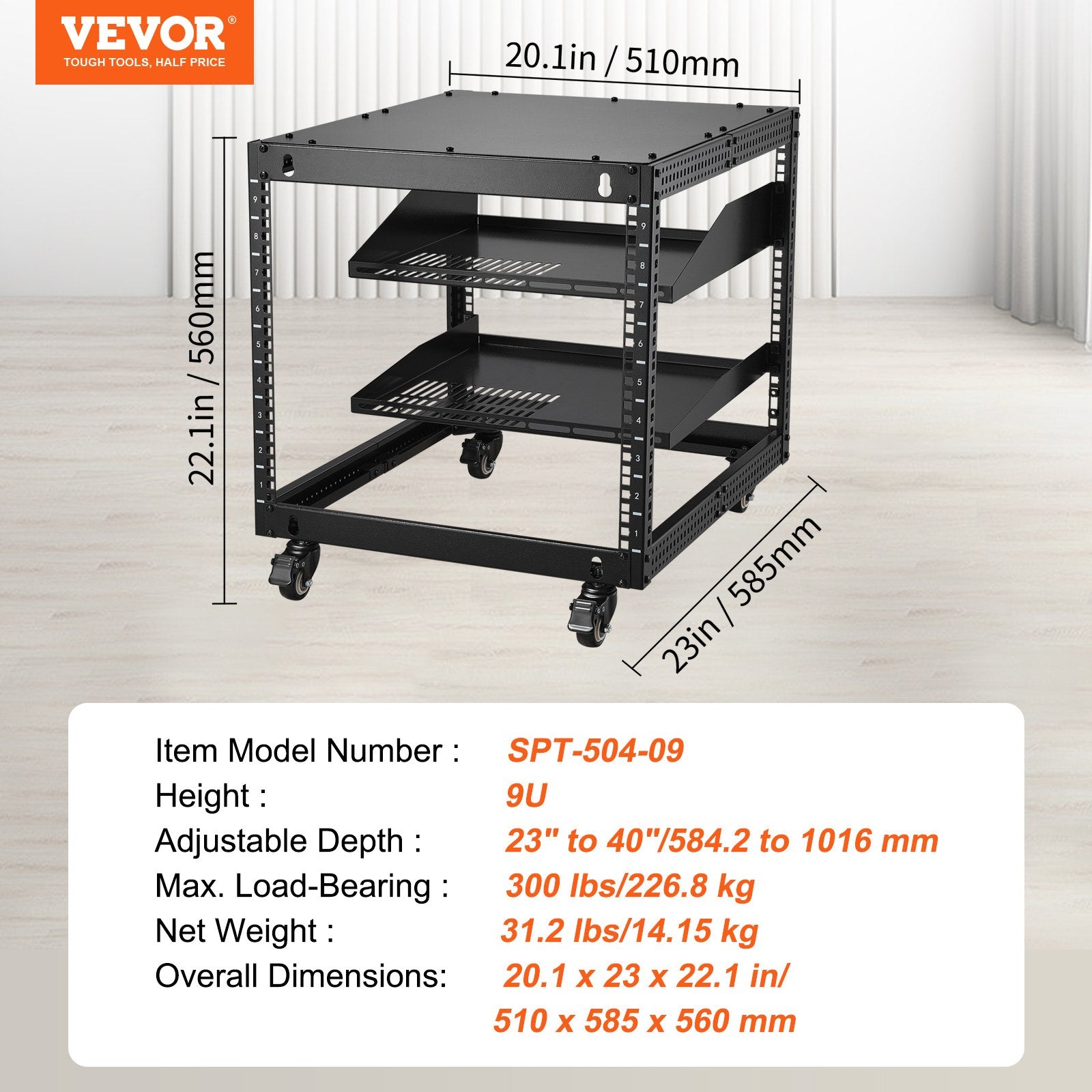 VEVOR 9U Open Frame Server Rack, 584.2 to 1016 mm Adjustable Depth, Free Standing or Wall Mount Network Server Rack with 360° Casters, Heavy Duty 4 Post Holds All Your Networking IT Equipment AV Gear