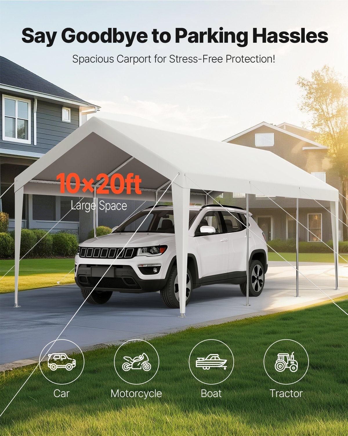 VEVOR Carport Car Canopy 10 x 20 FT Heavy Duty Portable Car Shelter Tent White
