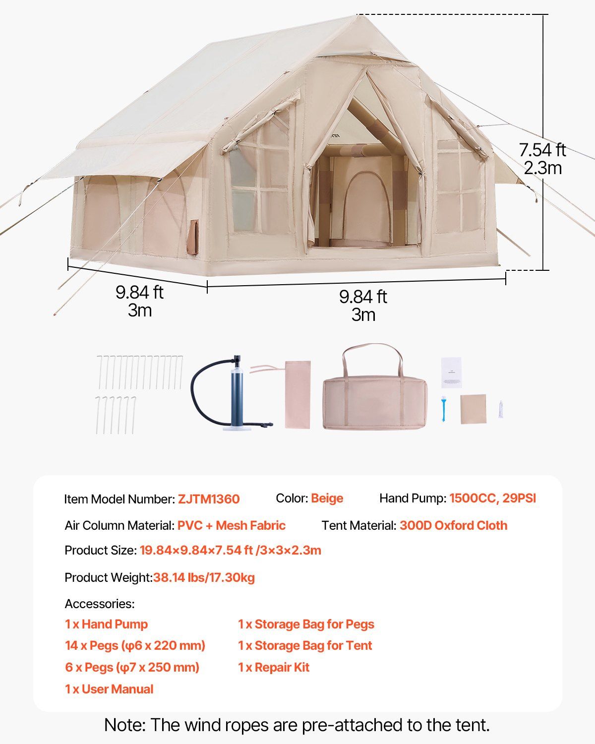 Inflatable Tents for Camping, 4-6 Person Easy Setup Blow up Tent with Hand Pump, 300D Oxford 4 Season Glamping Tent with Stove Jack 2 Doors & 4 Mesh Windows, Storage Bag Included for Easy Taking